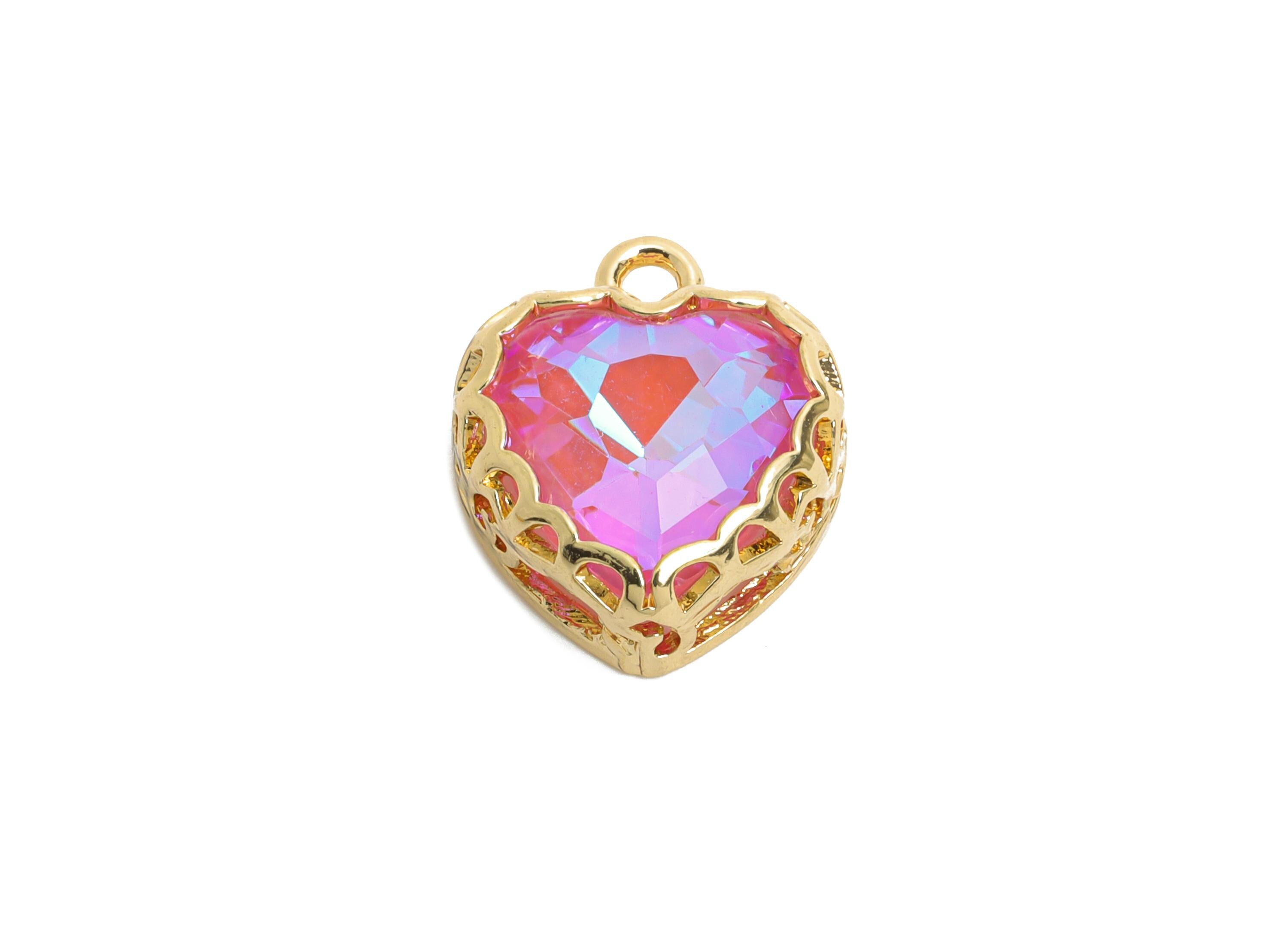 Brass Heart Crystal Charms - Elegant Faceted Crystal Necklace Pendant - Shimmering Jewelry DIY - KC Gold Plated - 14.4x12x5.16mm - GS1184 - DOMEDBAZAAR