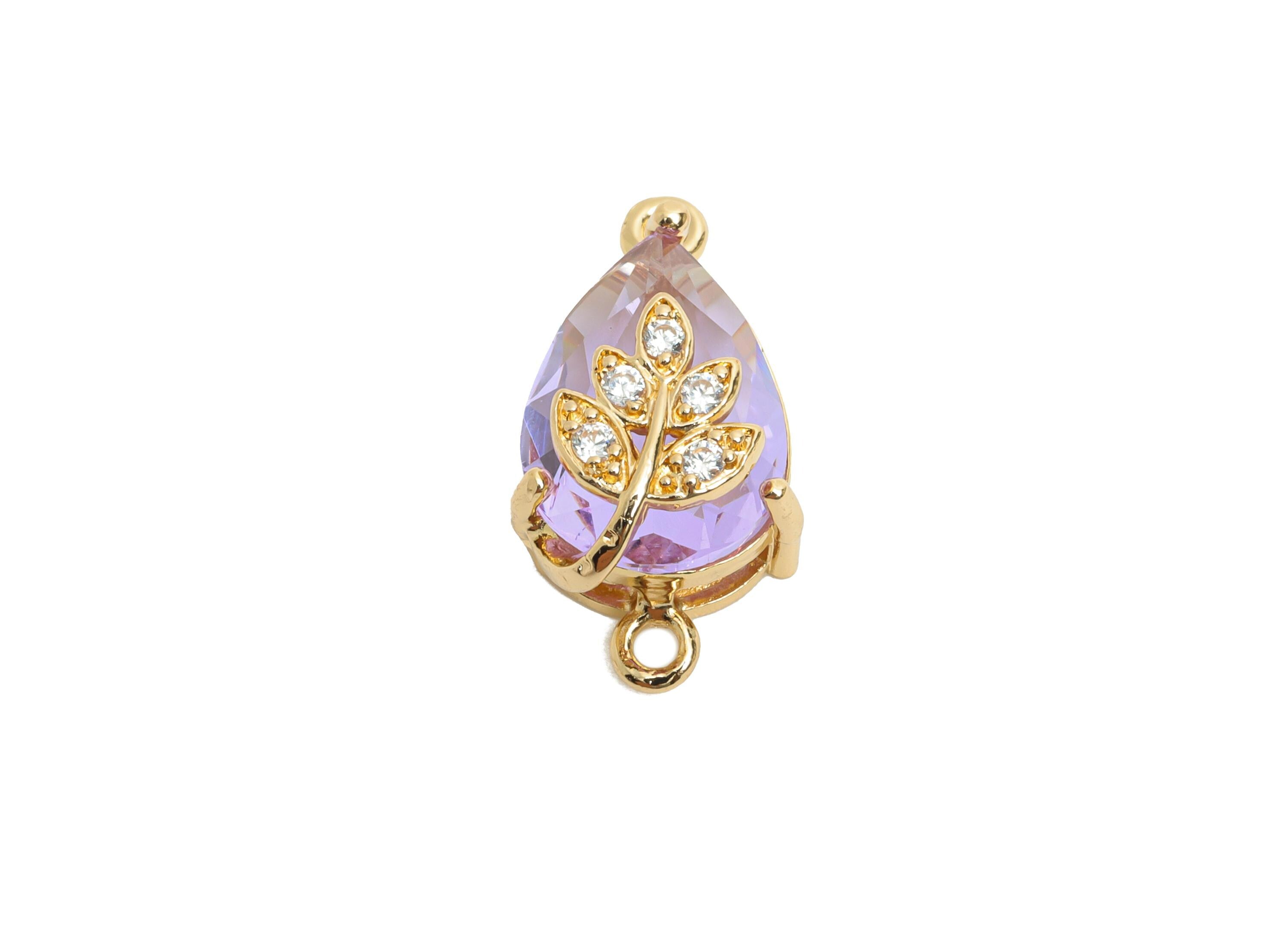 Teardrop Crystal Connector - Dainty Purple Glass with Leaf Design - Artisan Crystal Jewelry - KC Gold Plated - 20x11x10.57mm - GS1277 - DOMEDBAZAAR