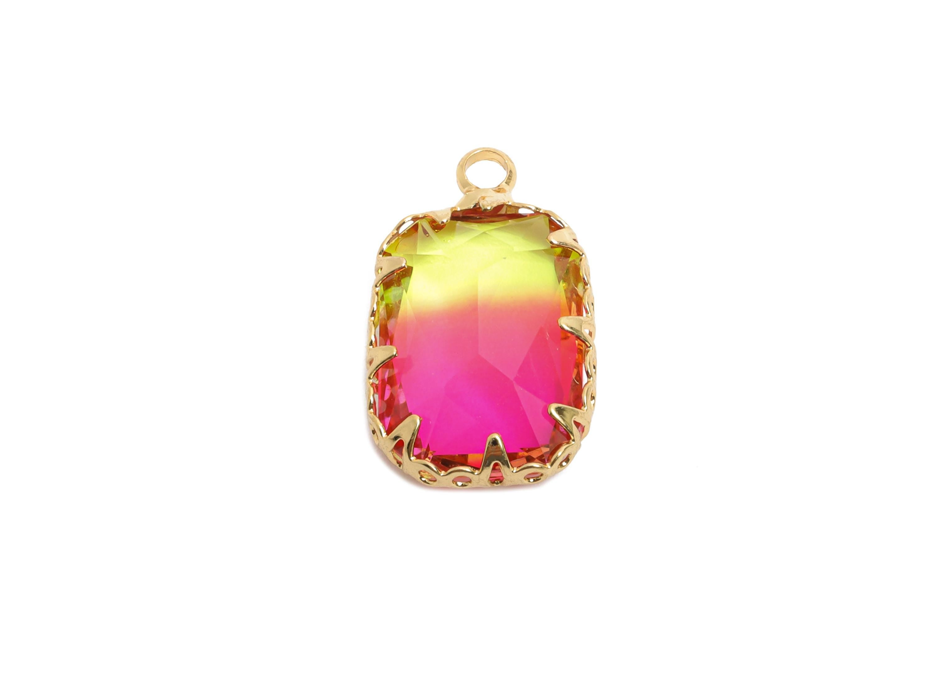 Faceted Rectangle Crystal Charm - Brass Rainbow Glass Pendant - Elegant Geometric Jewelry - KC Gold Tone Plated Brass- 19x11x5.45mm - GS1228 - DOMEDBAZAAR