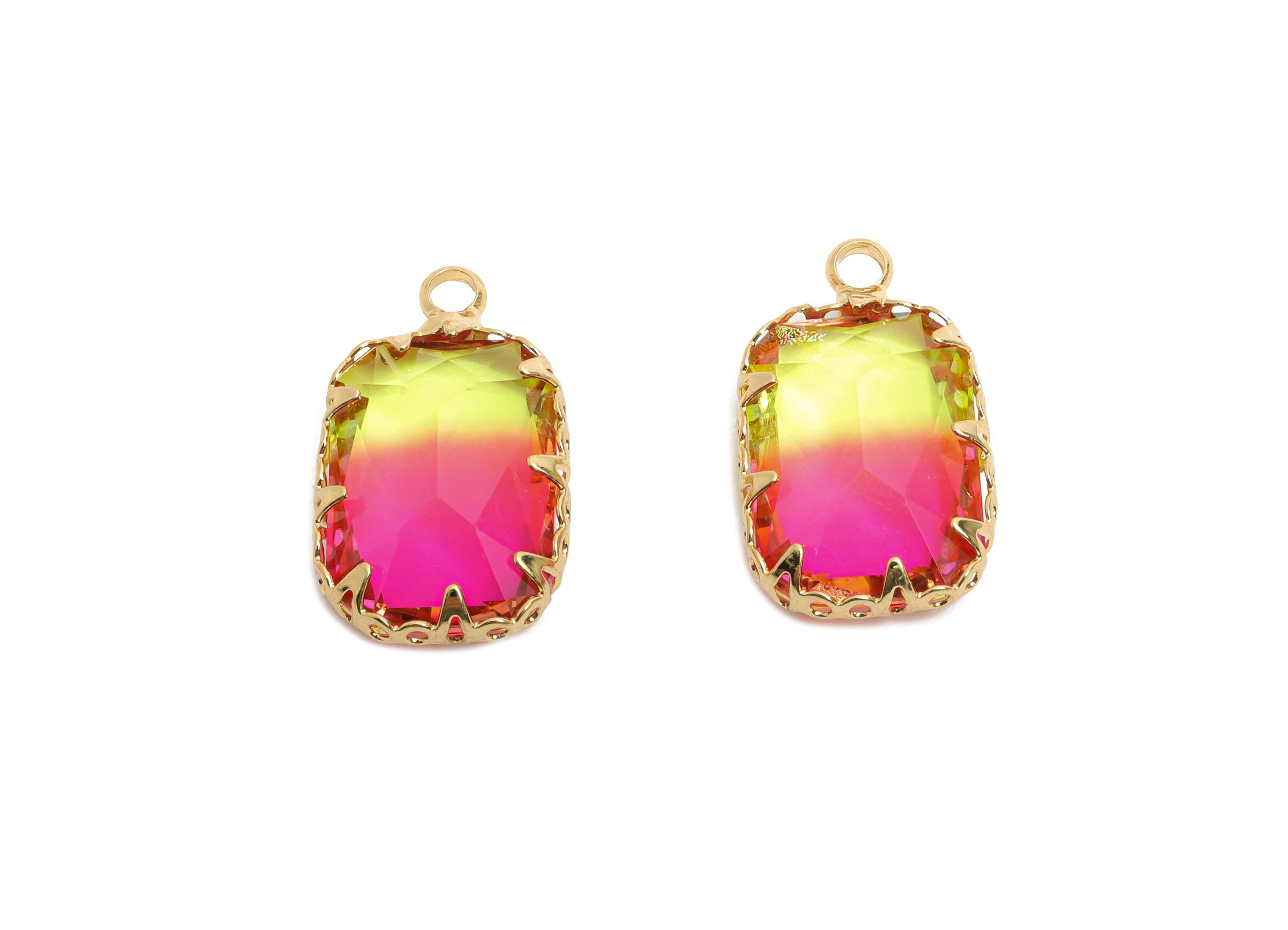 Faceted Rectangle Crystal Charm - Brass Rainbow Glass Pendant - Elegant Geometric Jewelry - KC Gold Tone Plated Brass- 19x11x5.45mm - GS1228 - DOMEDBAZAAR