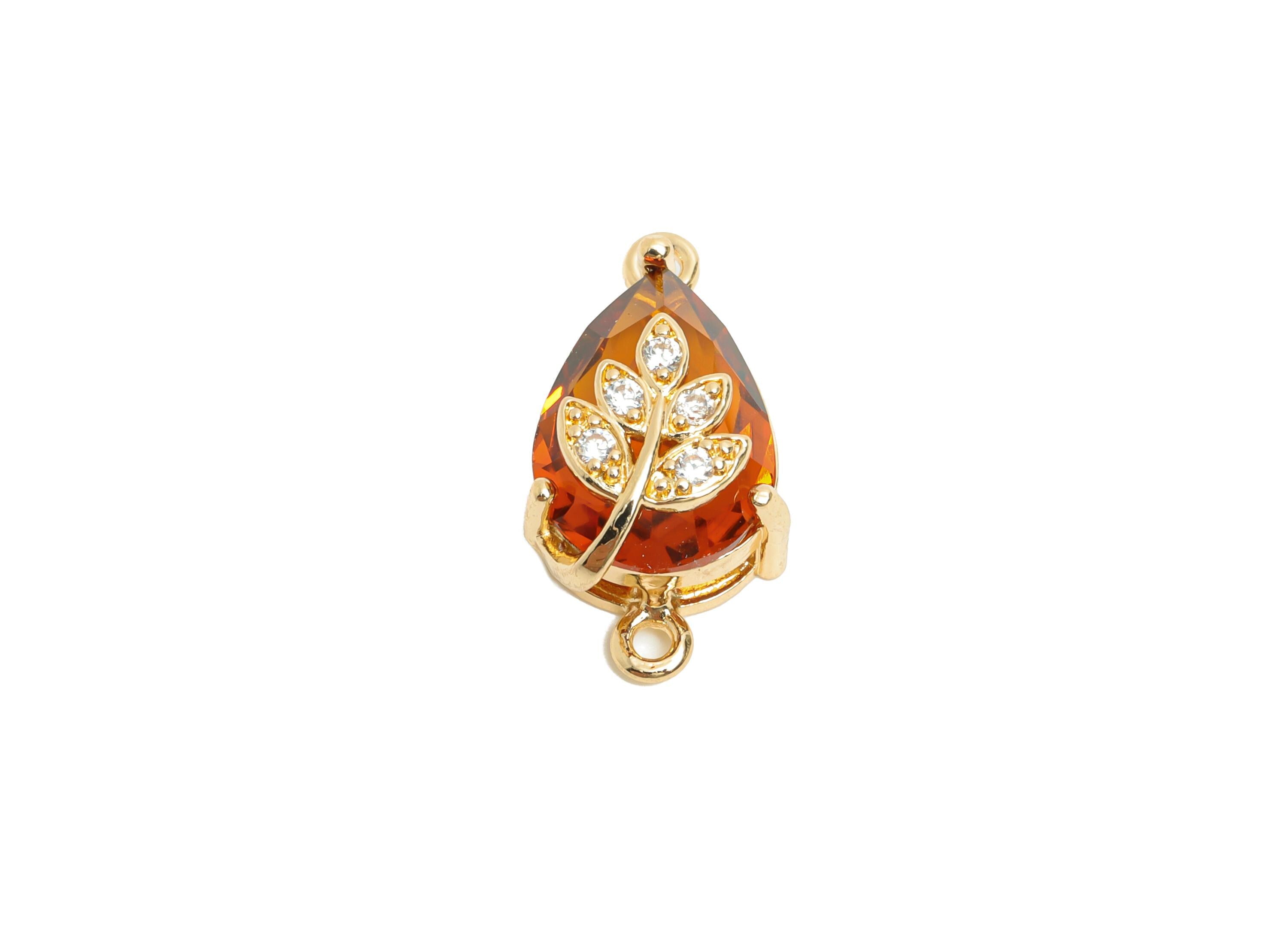 Teardrop Crystal Connector - Dainty Orange Glass with Leaf Charm - Brass Artisan Crystal Jewelry - KC Gold Plated - 20x11x10.57mm - GS1280 - DOMEDBAZAAR