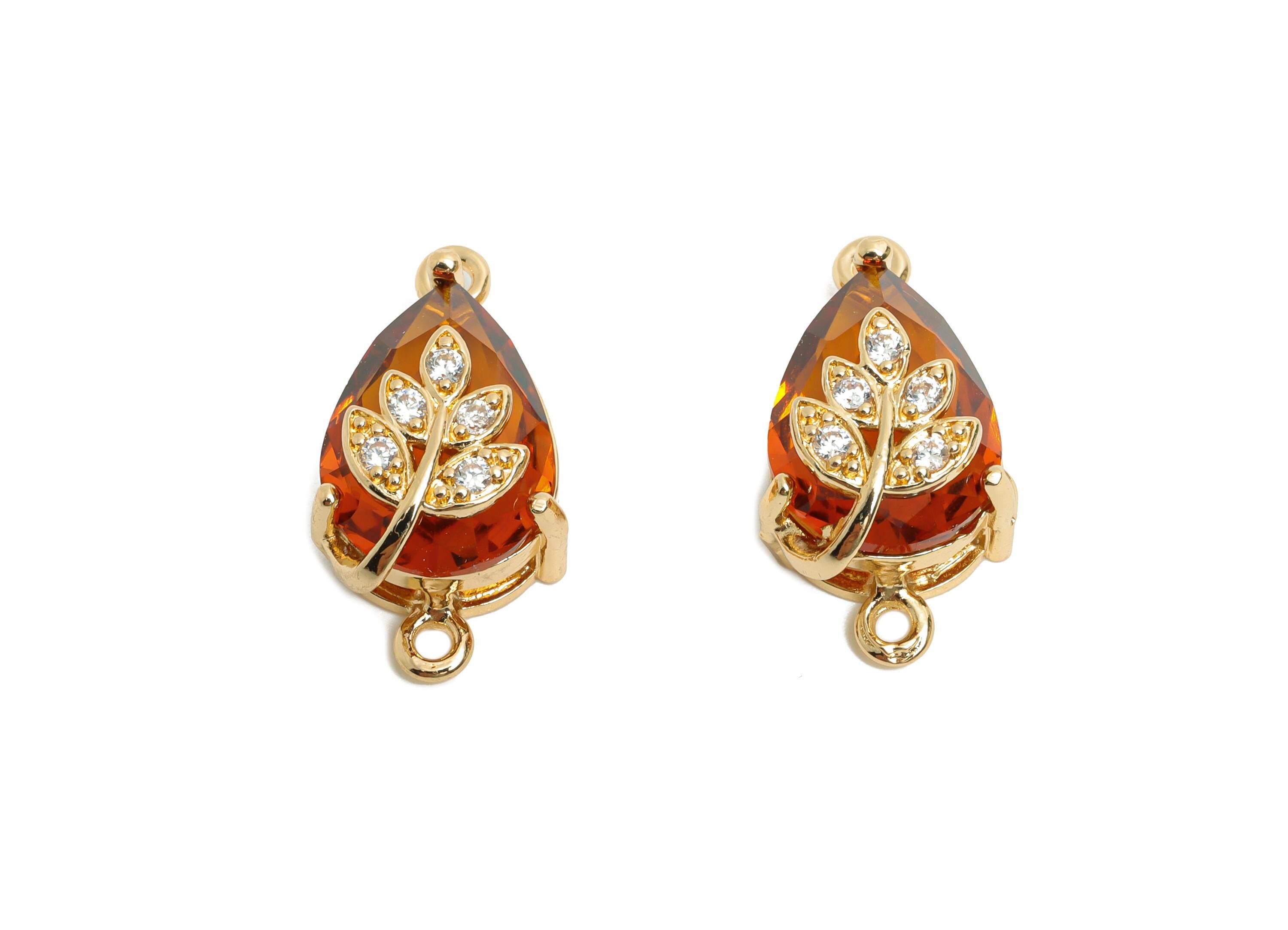 Teardrop Crystal Connector - Dainty Orange Glass with Leaf Charm - Brass Artisan Crystal Jewelry - KC Gold Plated - 20x11x10.57mm - GS1280 - DOMEDBAZAAR