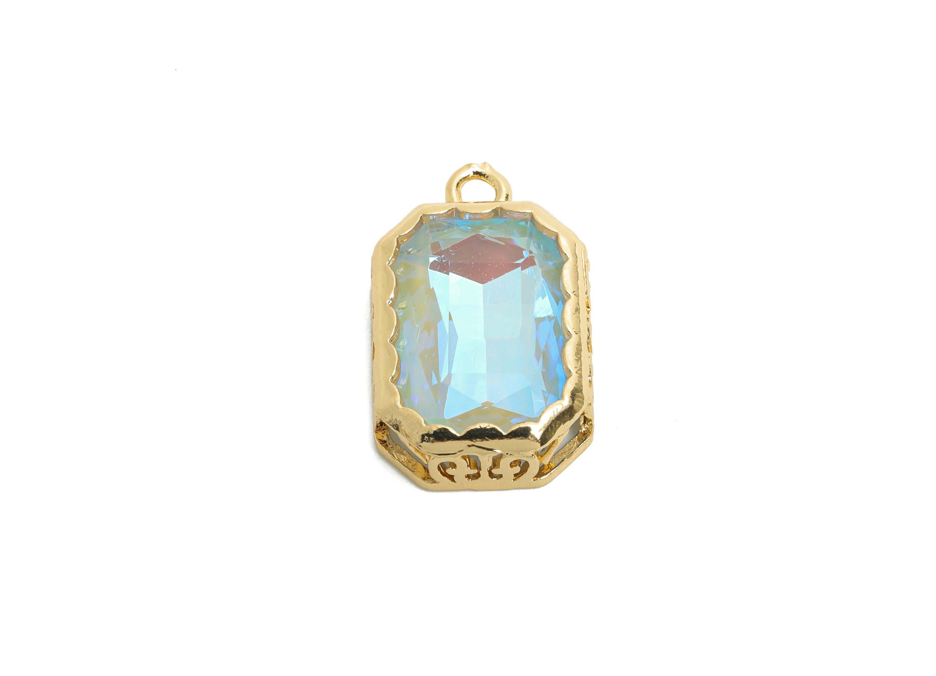 Faceted Rectangle Crystal Charms - Brass Ornate Glass Pendant - Elegant Gold-Framed Jewelry - KC Gold Plated Brass- 18.87x12.14x5mm - GS1165 - DOMEDBAZAAR