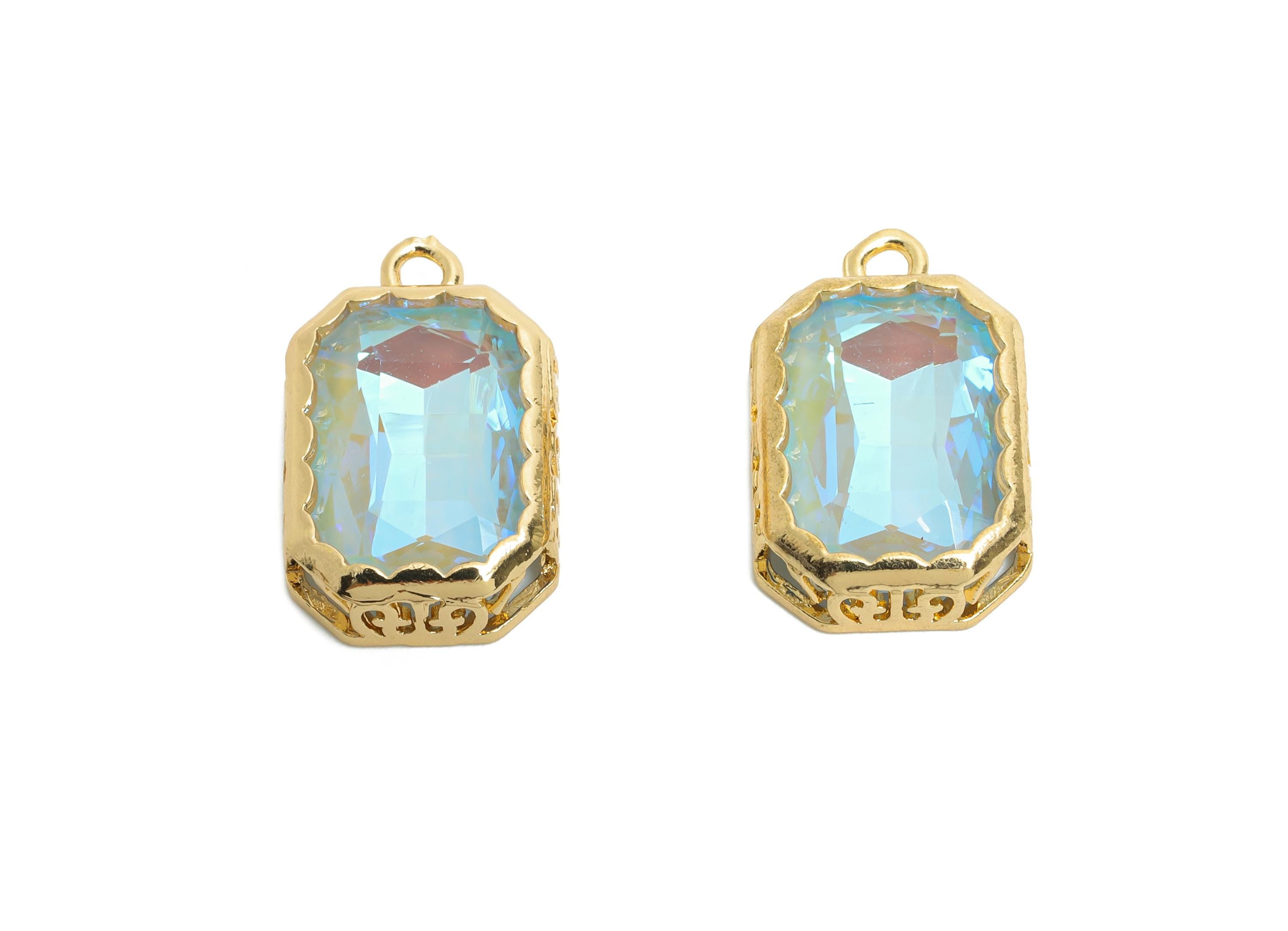 Faceted Rectangle Crystal Charms - Brass Ornate Glass Pendant - Elegant Gold-Framed Jewelry - KC Gold Plated Brass- 18.87x12.14x5mm - GS1165 - DOMEDBAZAAR