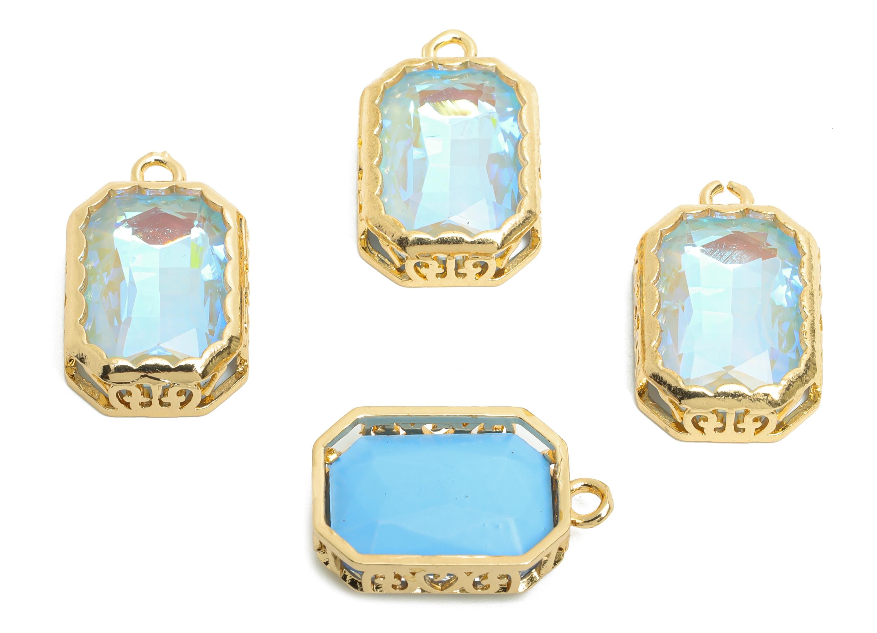 Faceted Rectangle Crystal Charms - Brass Ornate Glass Pendant - Elegant Gold-Framed Jewelry - KC Gold Plated Brass- 18.87x12.14x5mm - GS1165 - DOMEDBAZAAR