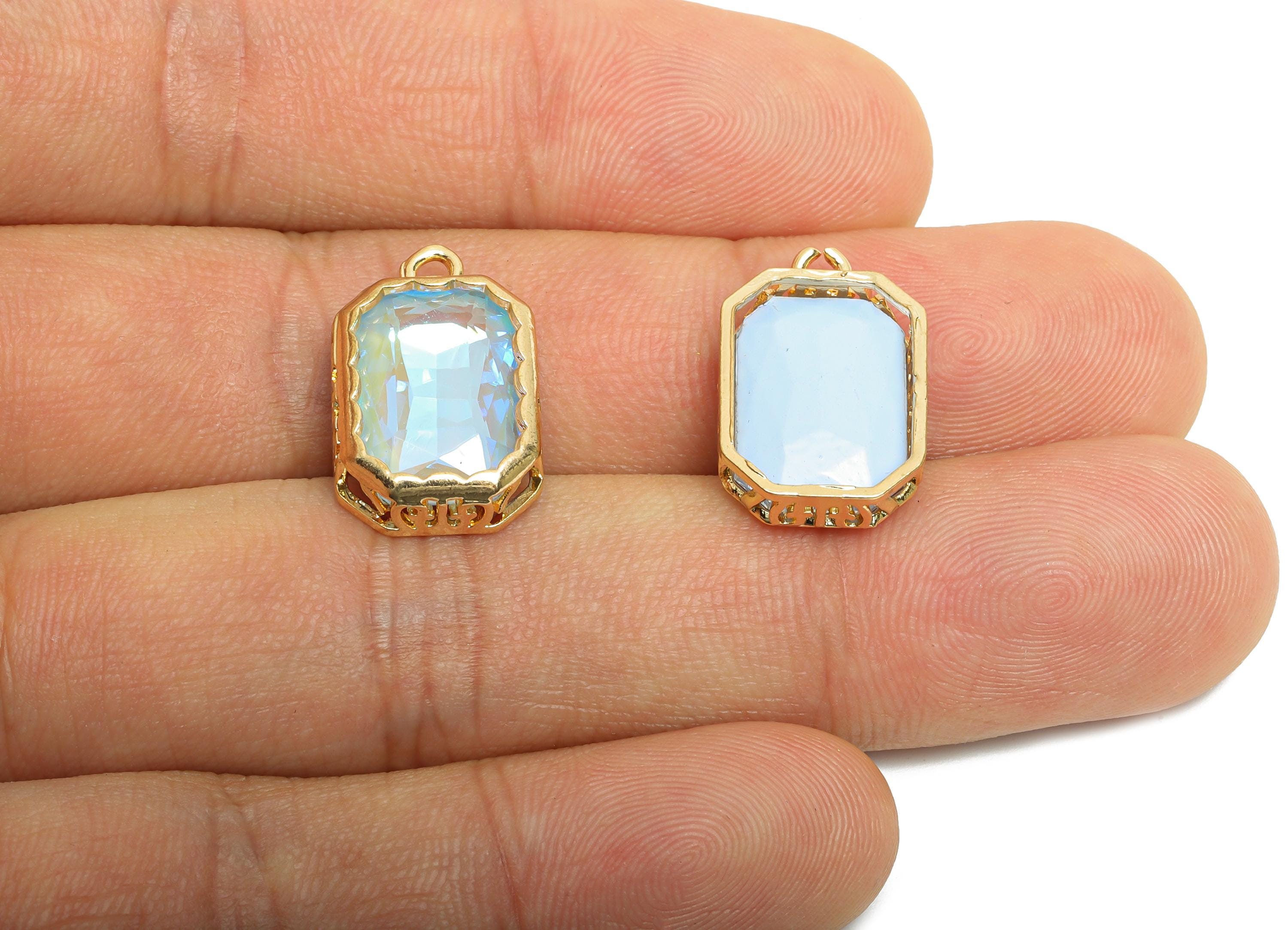 Faceted Rectangle Crystal Charms - Brass Ornate Glass Pendant - Elegant Gold-Framed Jewelry - KC Gold Plated Brass- 18.87x12.14x5mm - GS1165 - DOMEDBAZAAR