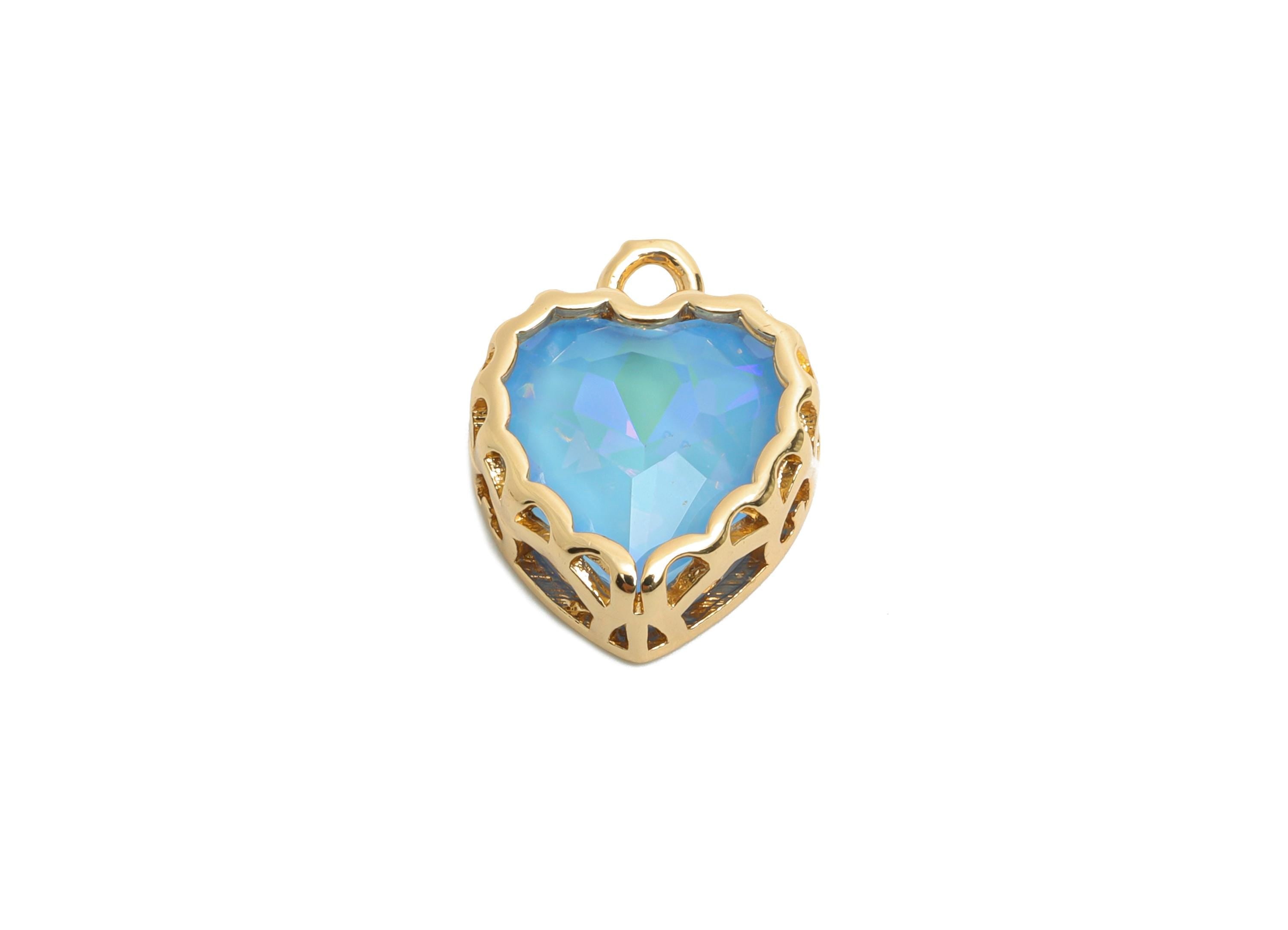 Brass Heart Crystal Charms - Elegant Blue Crystal Necklace Pendant - Shimmering Jewelry DIY - KC Gold Tone Plated - 14.4x12x5.16mm - GS1185 - DOMEDBAZAAR