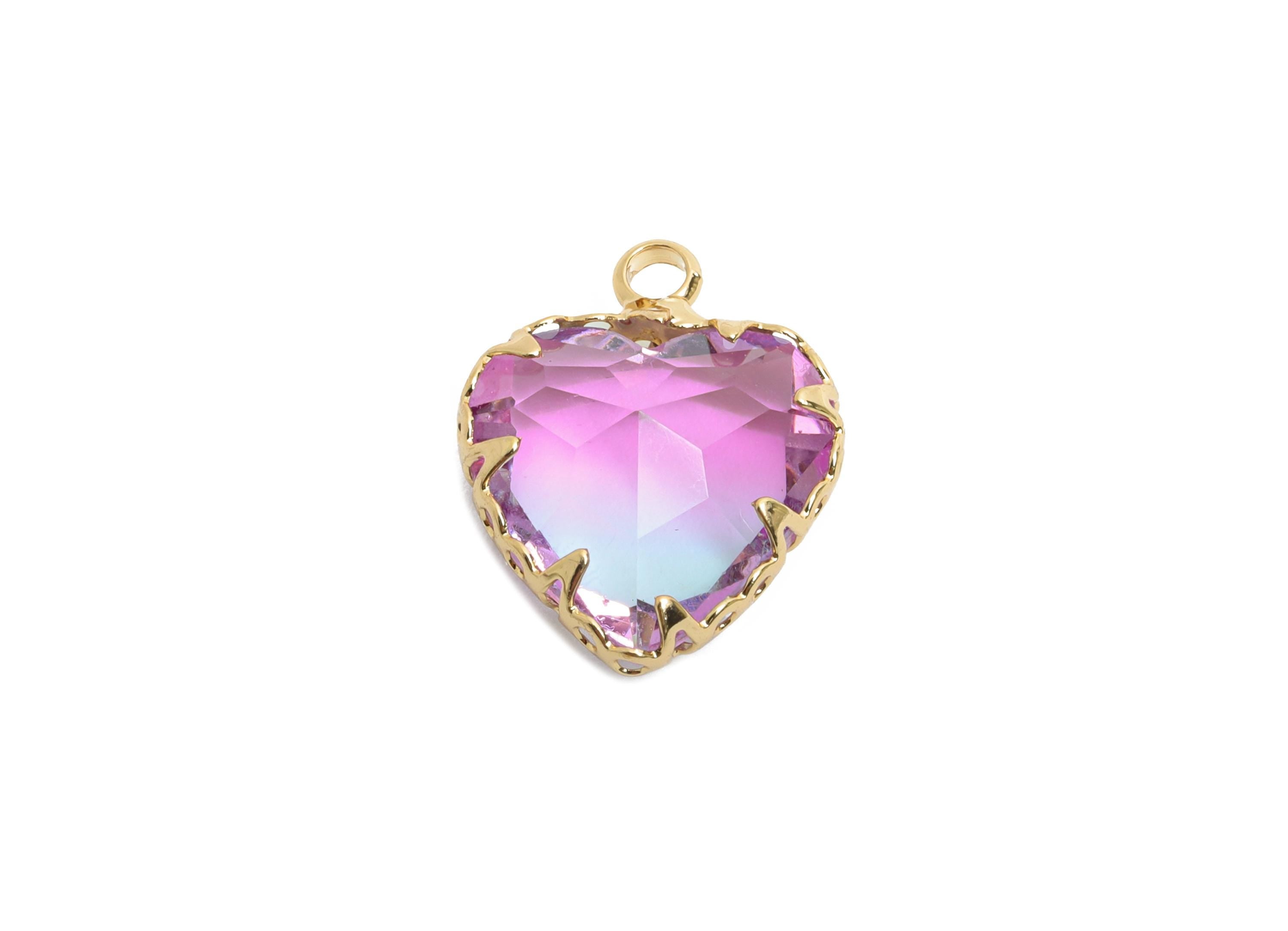 Heart Crystal Bracelet Charm - Luxury Faceted Crystal Pendant - Romantic Heart Jewelry Component - KC Gold Plated Brass - 15x12x5mm - GS1214 - DOMEDBAZAAR