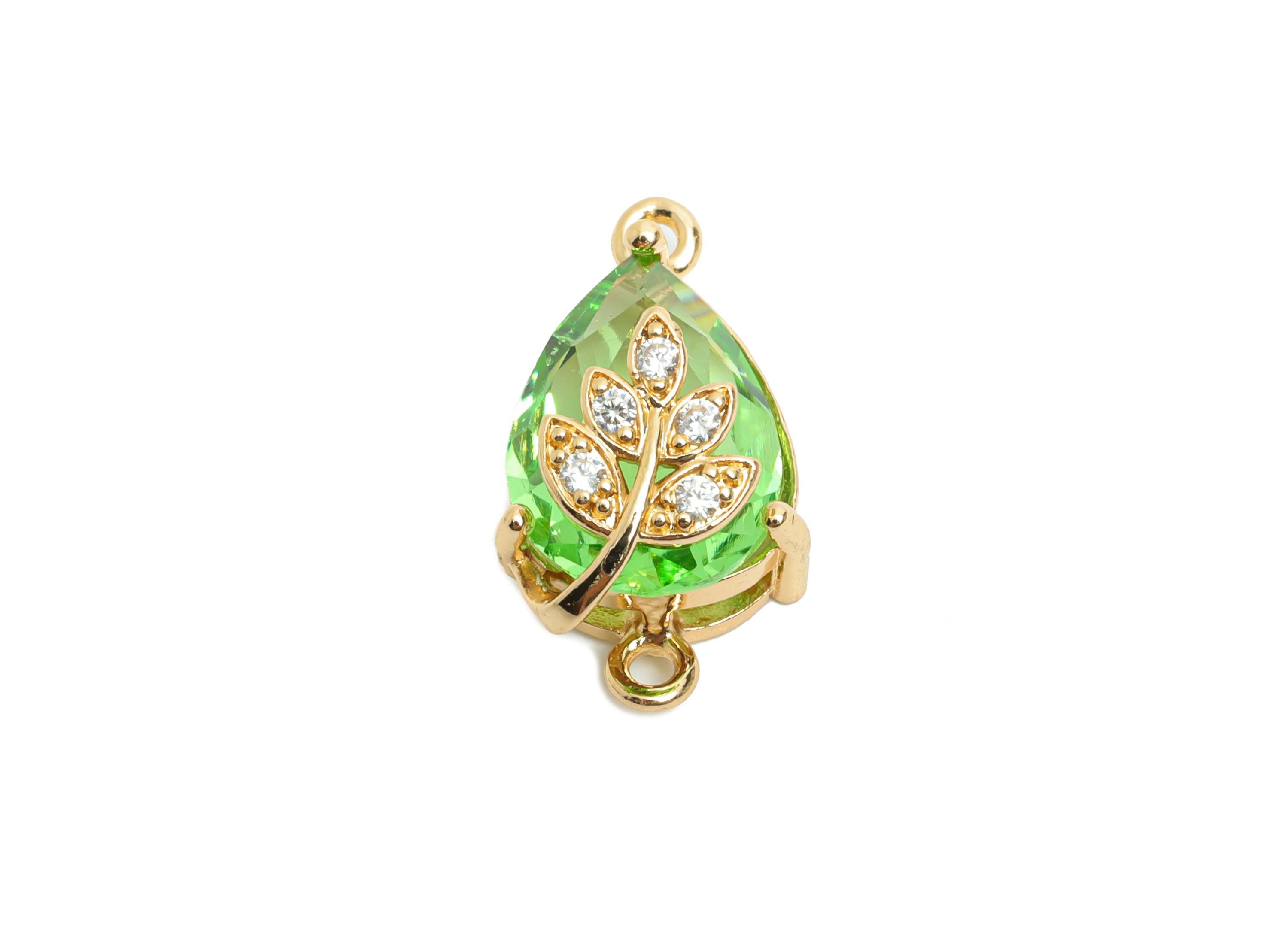 Brass Teardrop Crystal Connector - Dainty Green Glass with Leaf Charm - Artisan Crystal Jewelry - KC Gold Plated - 20x11x10.57mm - GS1281 - DOMEDBAZAAR