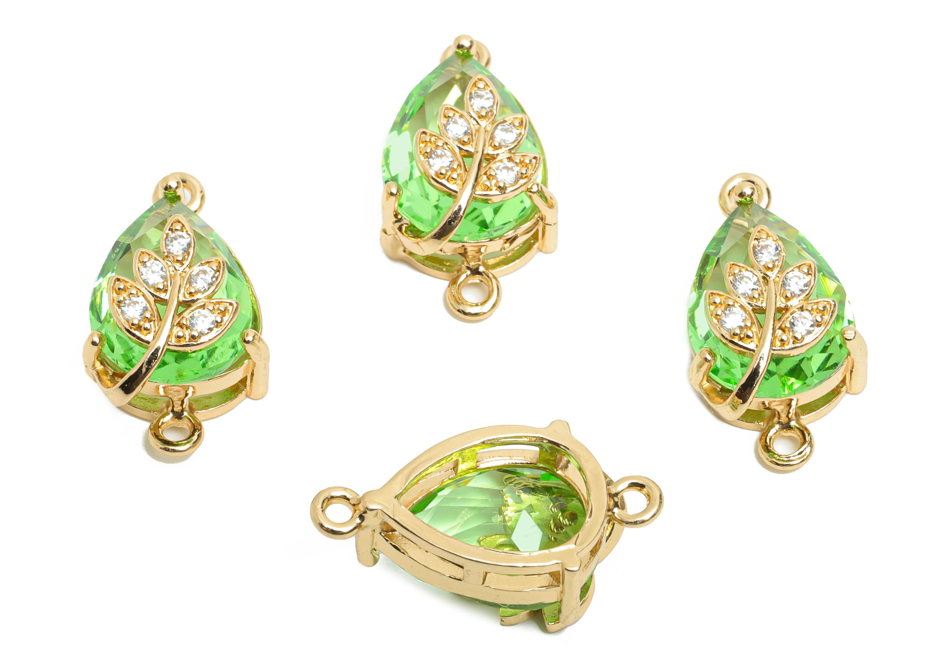 Brass Teardrop Crystal Connector - Dainty Green Glass with Leaf Charm - Artisan Crystal Jewelry - KC Gold Plated - 20x11x10.57mm - GS1281 - DOMEDBAZAAR