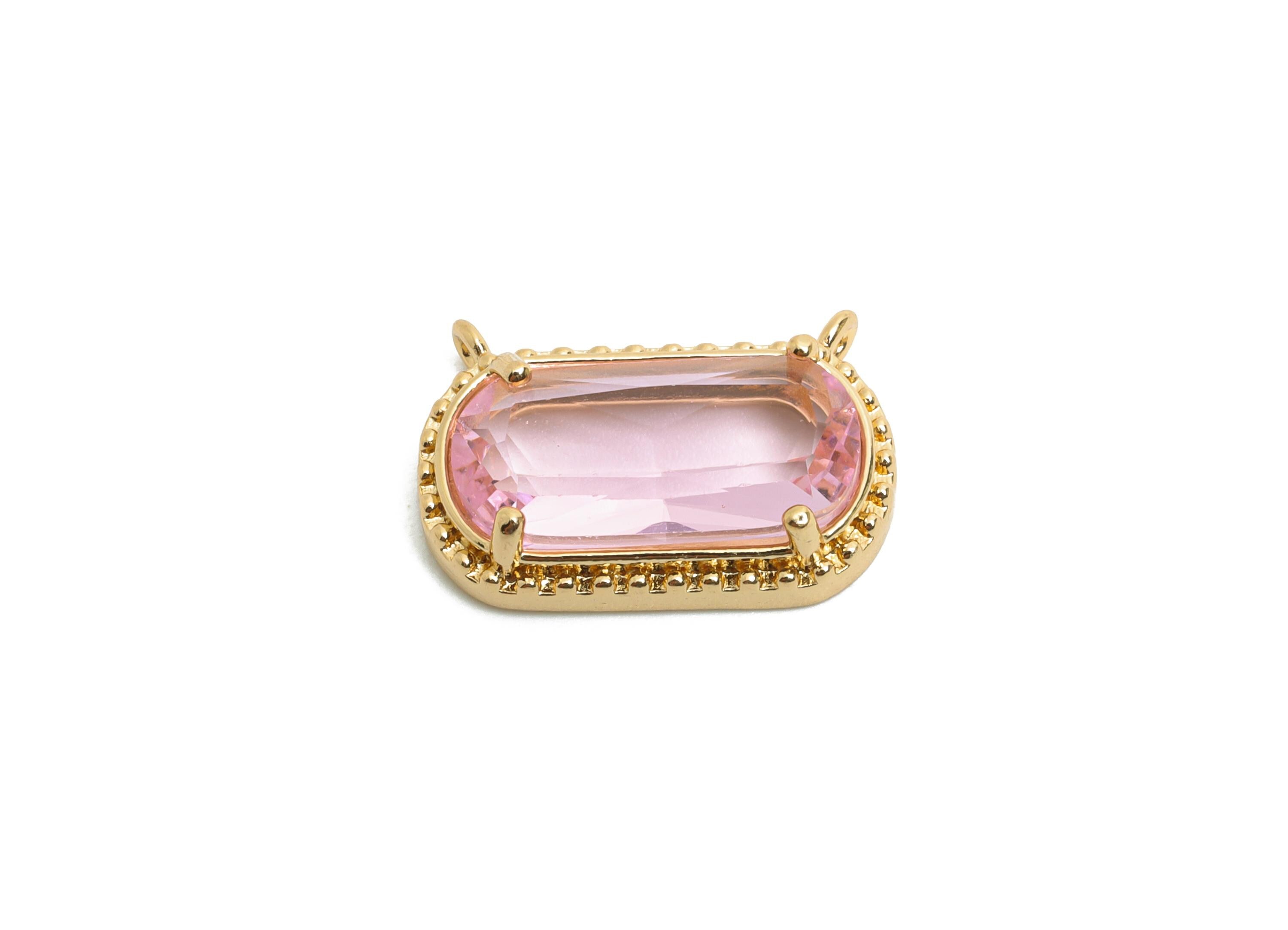 Brass Crystal Oval Pendant - Dainty Sparkling Pink Charm - Modern Oval Rectangular Stone Pendant - KC Gold Tone Plated - 16x11x4mm -GS1289 - DOMEDBAZAAR