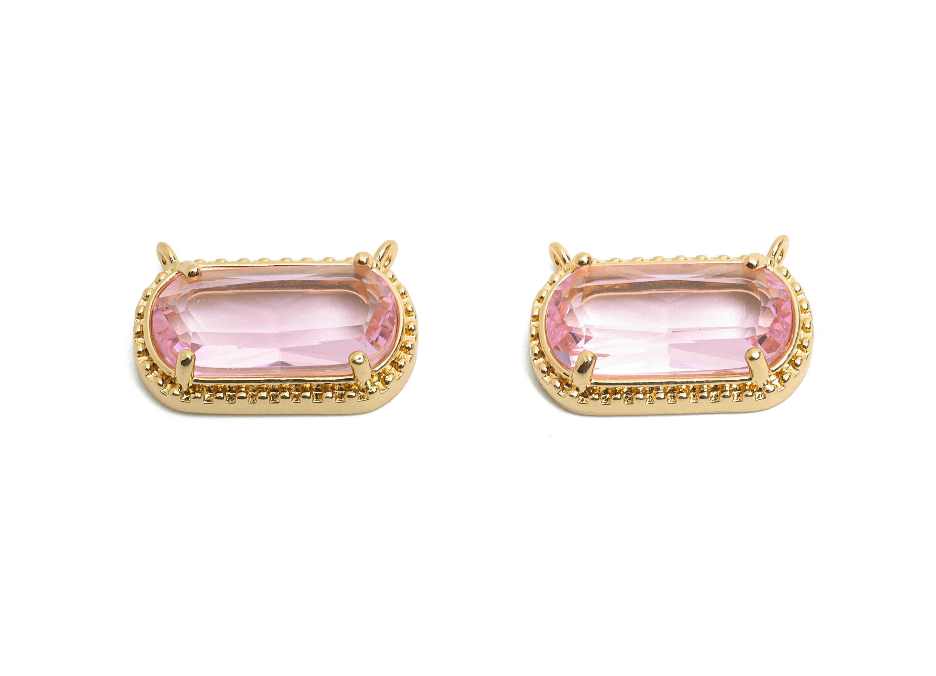 Brass Crystal Oval Pendant - Dainty Sparkling Pink Charm - Modern Oval Rectangular Stone Pendant - KC Gold Tone Plated - 16x11x4mm -GS1289 - DOMEDBAZAAR