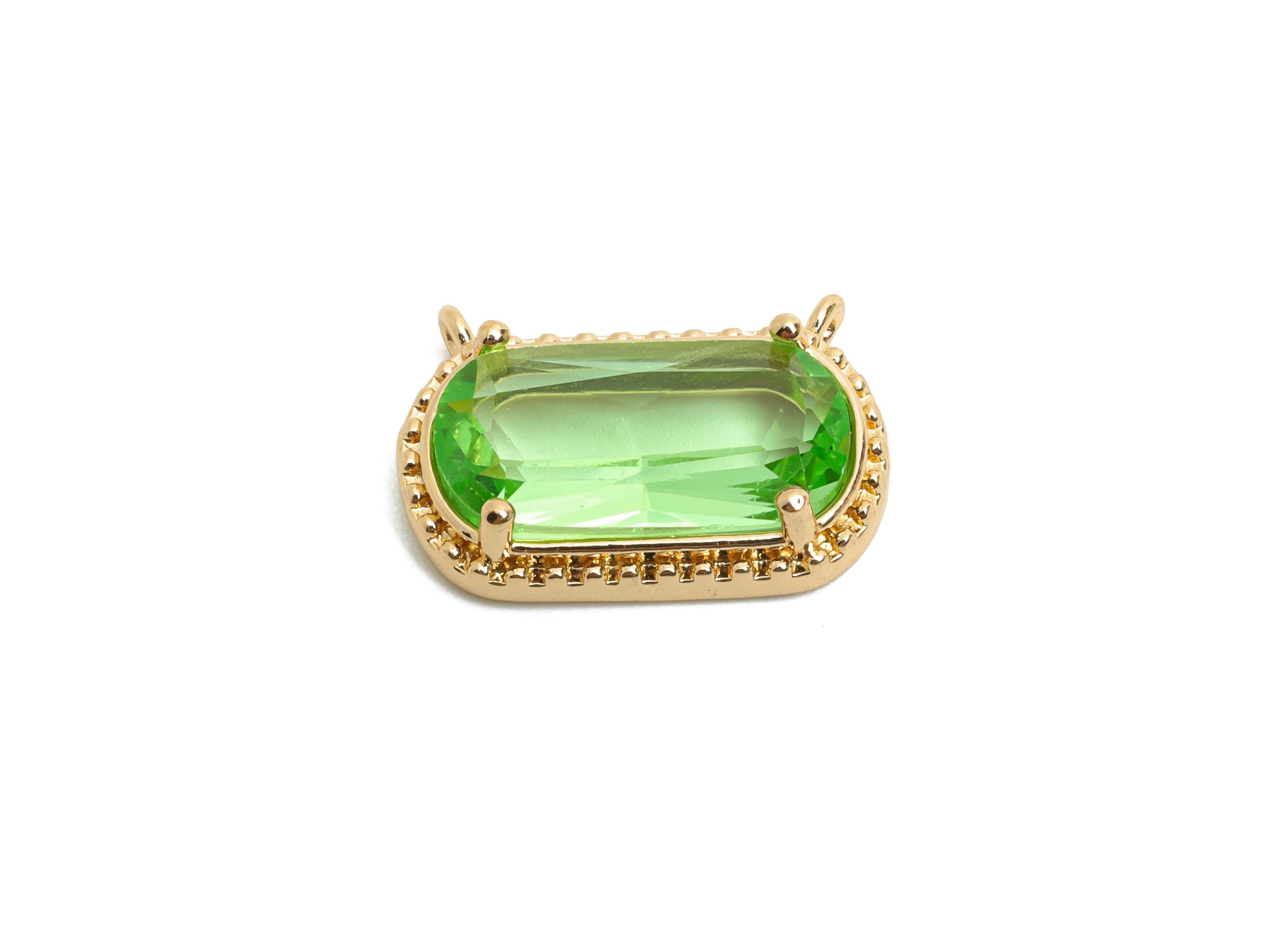Brass Crystal Oval Pendant - Dainty Sparkling Green Charm - Modern Oval Rectangular Crystal Pendant - KC Gold Tone Plated -16x11x4mm-GS1293 - DOMEDBAZAAR