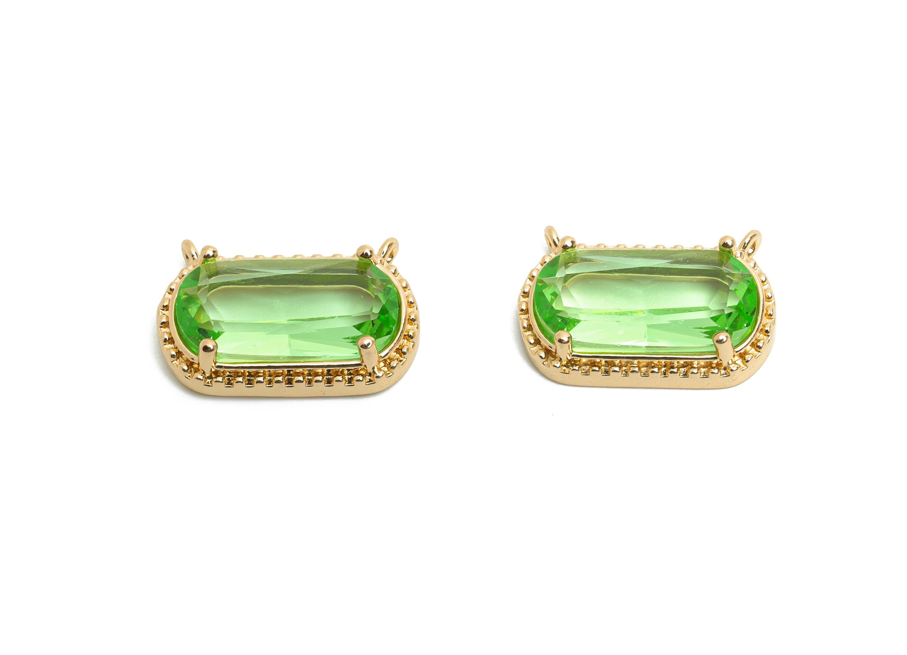 Brass Crystal Oval Pendant - Dainty Sparkling Green Charm - Modern Oval Rectangular Crystal Pendant - KC Gold Tone Plated -16x11x4mm-GS1293 - DOMEDBAZAAR