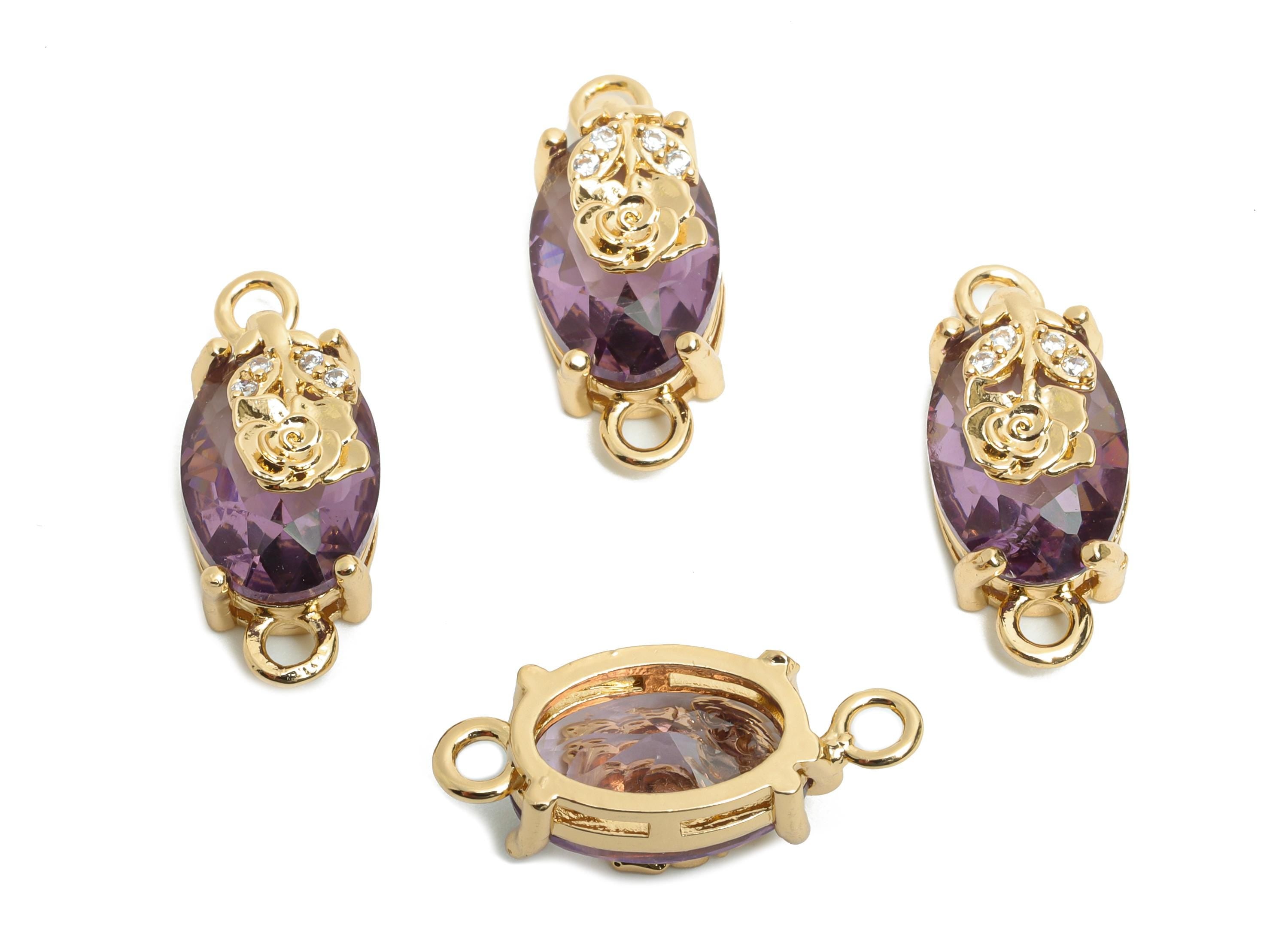 Oval Crystal Bracelet Connectors - Dainty Purple Glass Zircon Flower Charms - Jewelry Accessories - KC Gold Plated - 19x8x6.52mm - GS1298 - DOMEDBAZAAR