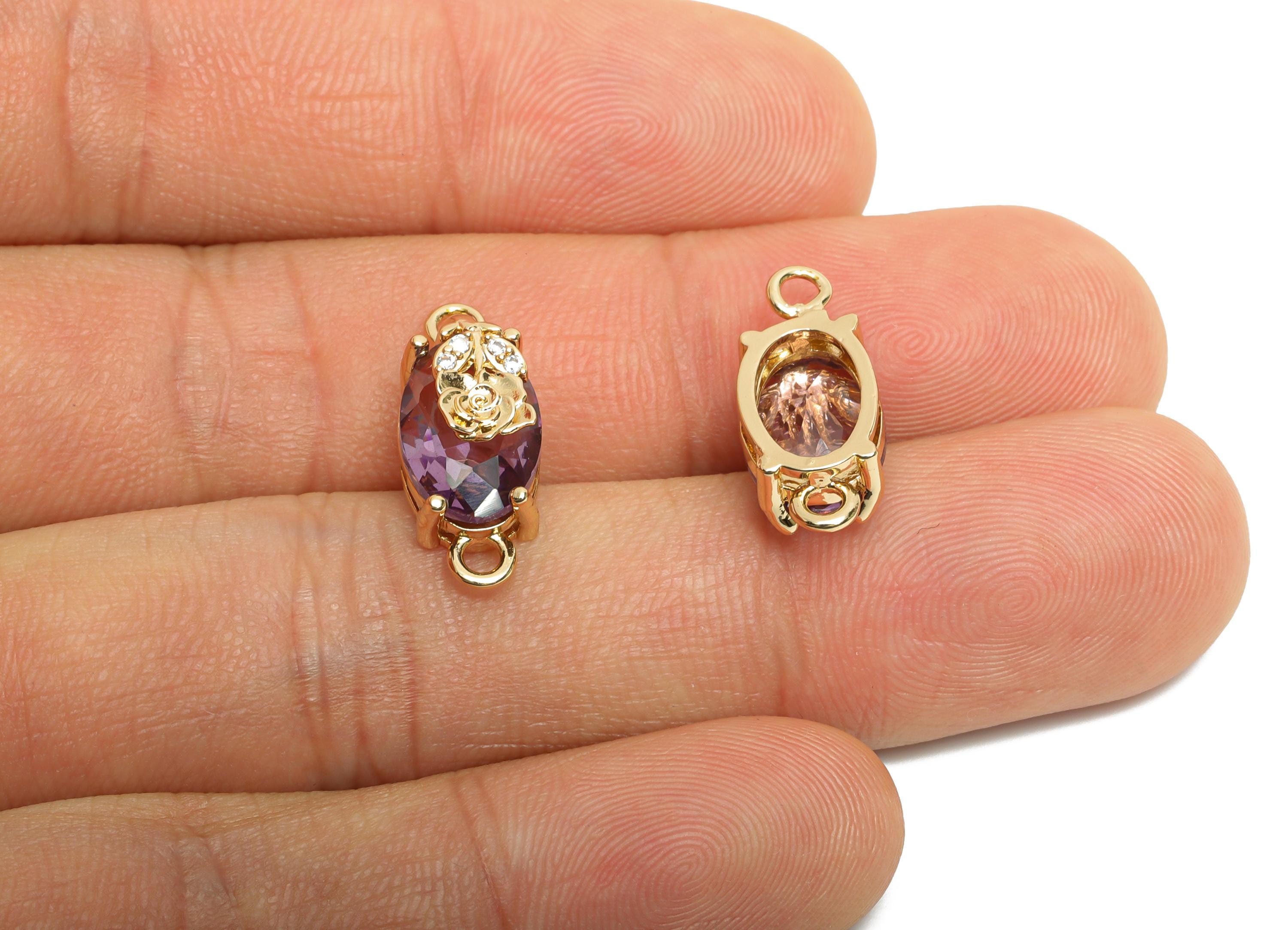 Oval Crystal Bracelet Connectors - Dainty Purple Glass Zircon Flower Charms - Jewelry Accessories - KC Gold Plated - 19x8x6.52mm - GS1298 - DOMEDBAZAAR