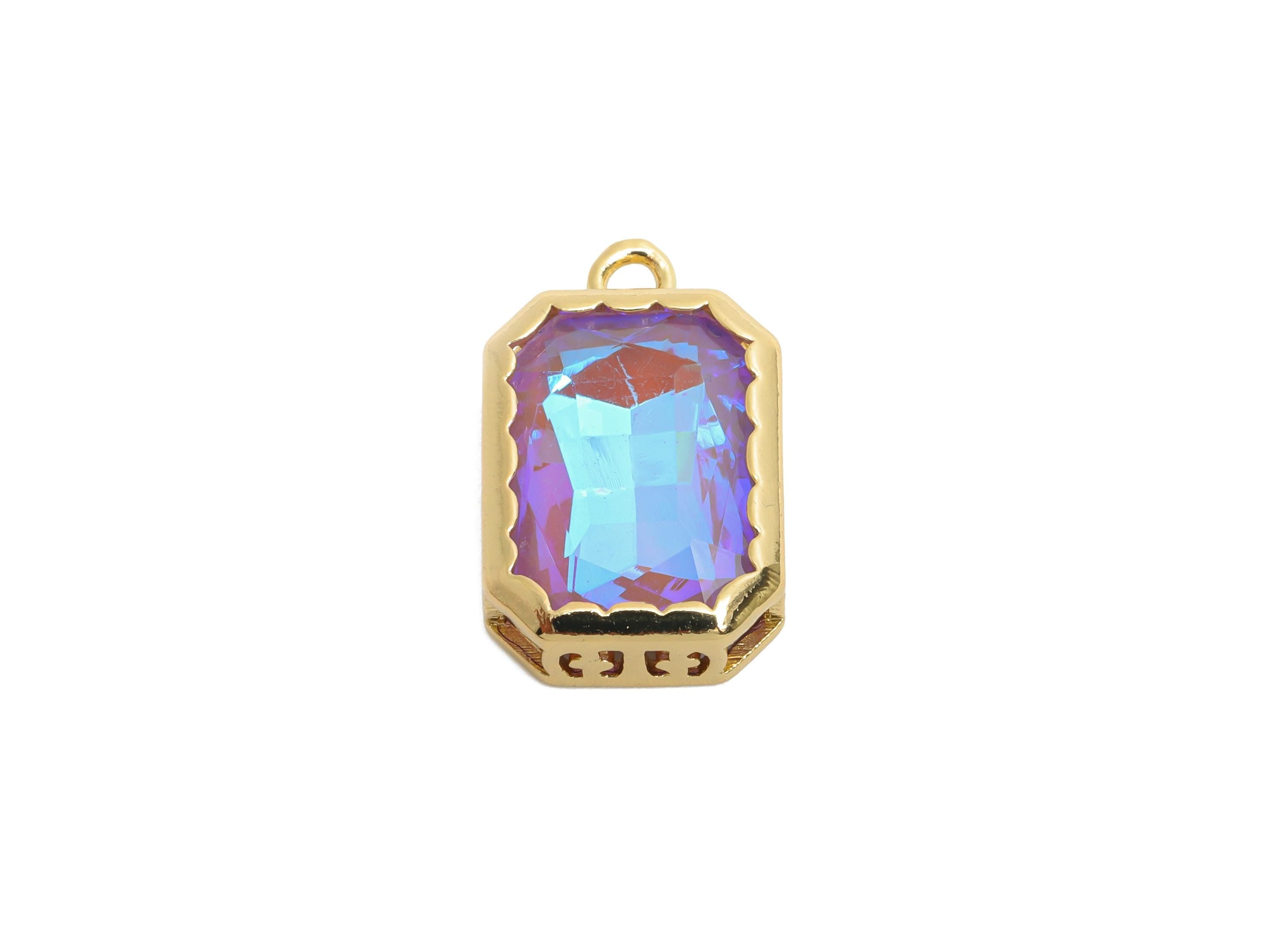 Rectangular Glass Charm - Faceted Artisan Multicolor Pendant - Dazzling Iridescent Crystal Charm - KC Gold Plated - 18x12x5mm- GS1164 - DOMEDBAZAAR
