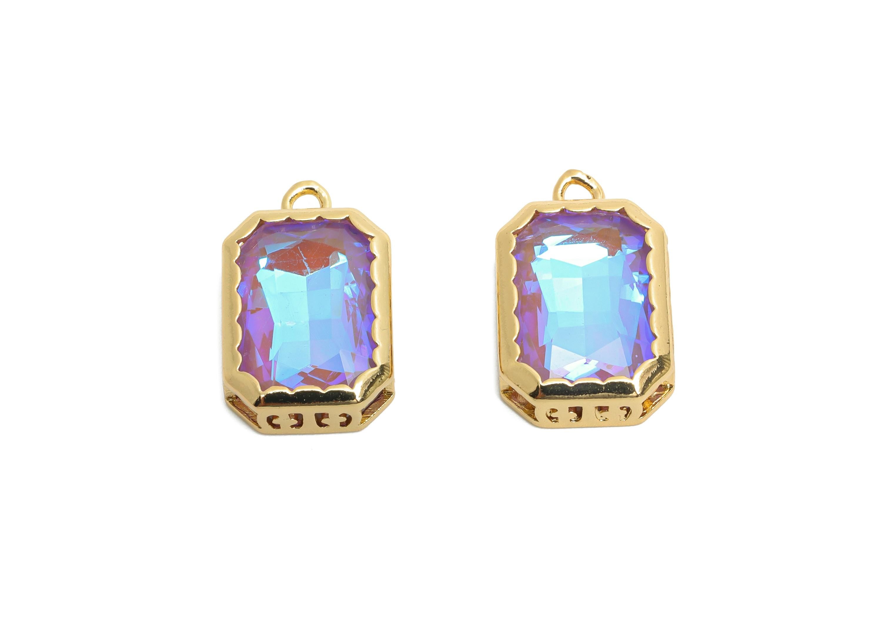 Rectangular Glass Charm - Faceted Artisan Multicolor Pendant - Dazzling Iridescent Crystal Charm - KC Gold Plated - 18x12x5mm- GS1164 - DOMEDBAZAAR
