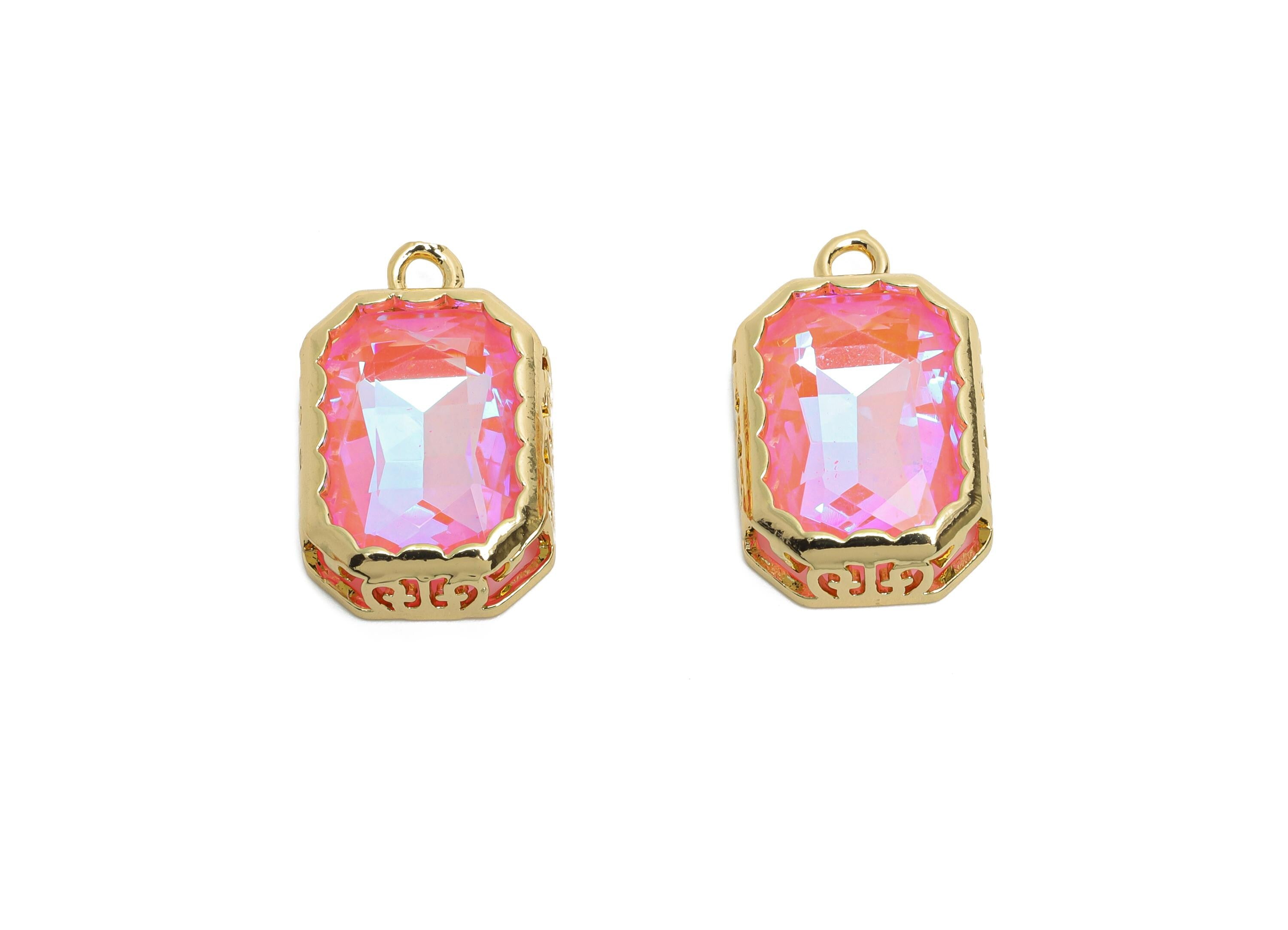 Rectangular Glass Charm - Artisan Sparking Geometry Pendant - Dazzling Faceted Crystal Charm - KC Gold Tone Plated - 18x12x5mm- GS1169 - DOMEDBAZAAR