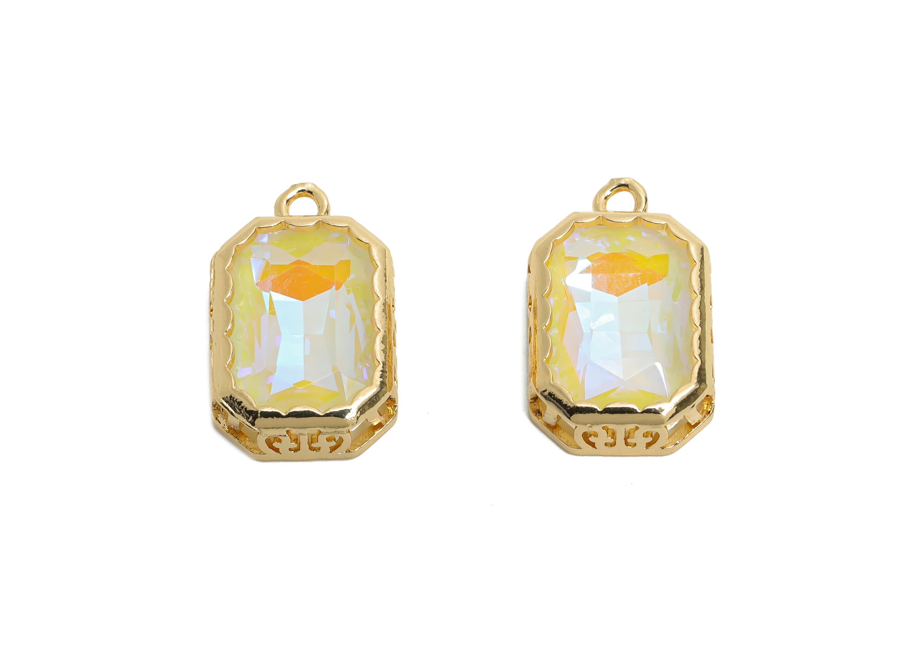 Rectangular Glass Charm - Artisan Sparking Geometry Pendant - Dazzling Faceted Crystal Charm - KC Gold Tone Plated - 18x12x5mm- GS1167 - DOMEDBAZAAR