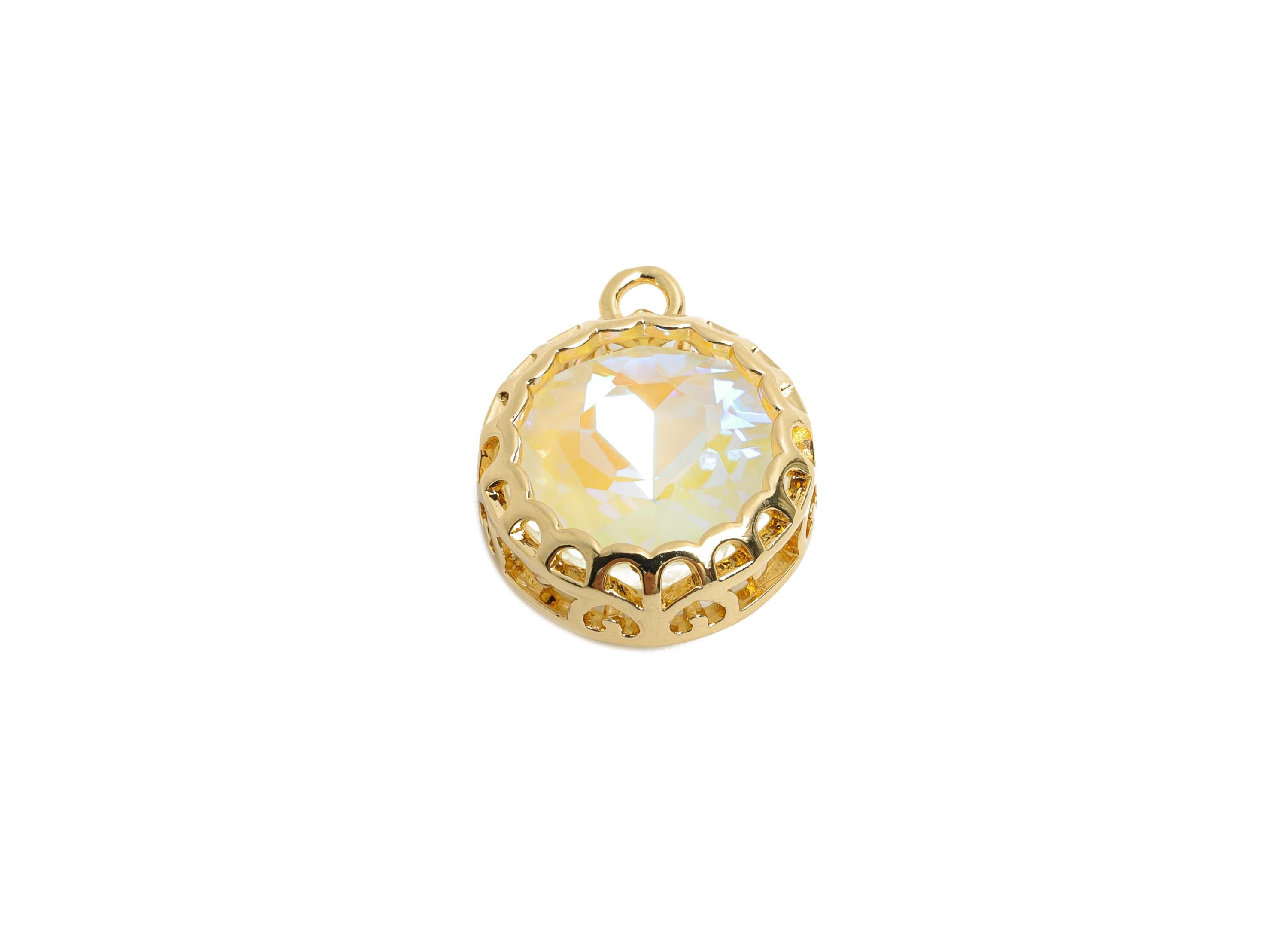 Round Glass Charm - Geometry Sparking Circle Pendant - Faceted Chic and Modern Crystal Charm - KC Gold Tone Plated - 17x14.2x5mm- GS1199 - DOMEDBAZAAR