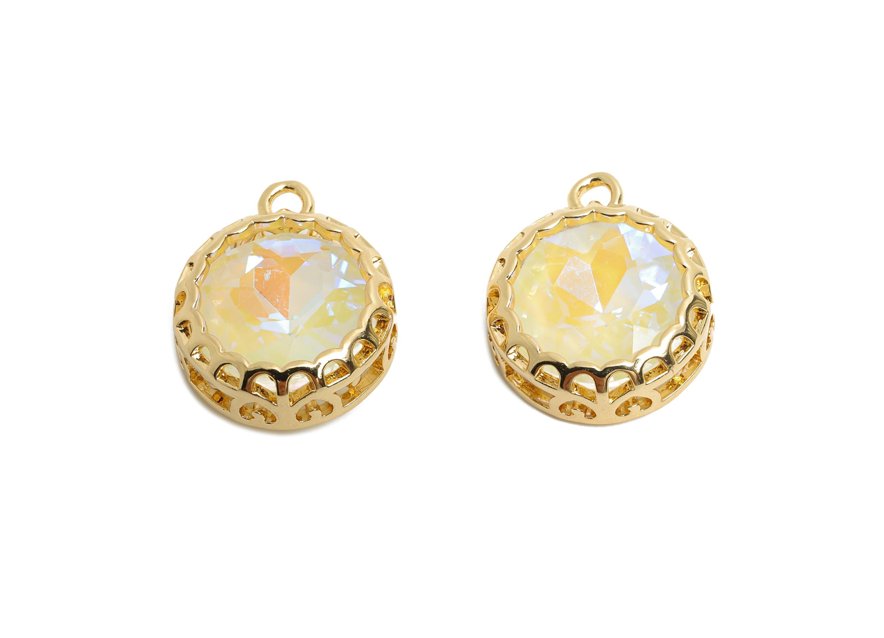 Round Glass Charm - Geometry Sparking Circle Pendant - Faceted Chic and Modern Crystal Charm - KC Gold Tone Plated - 17x14.2x5mm- GS1199 - DOMEDBAZAAR