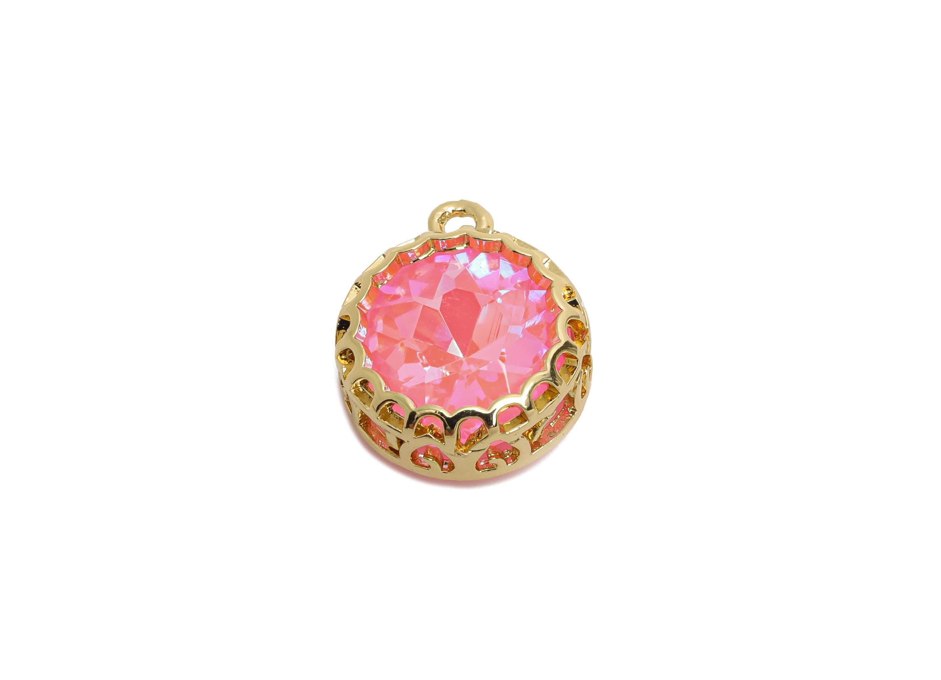 Round Glass Charm - Geometry Sparking Pink Pendant - Faceted Chic and Modern Crystal Charm - KC Gold Tone Plated - 17x14.2x5mm- GS1197 - DOMEDBAZAAR
