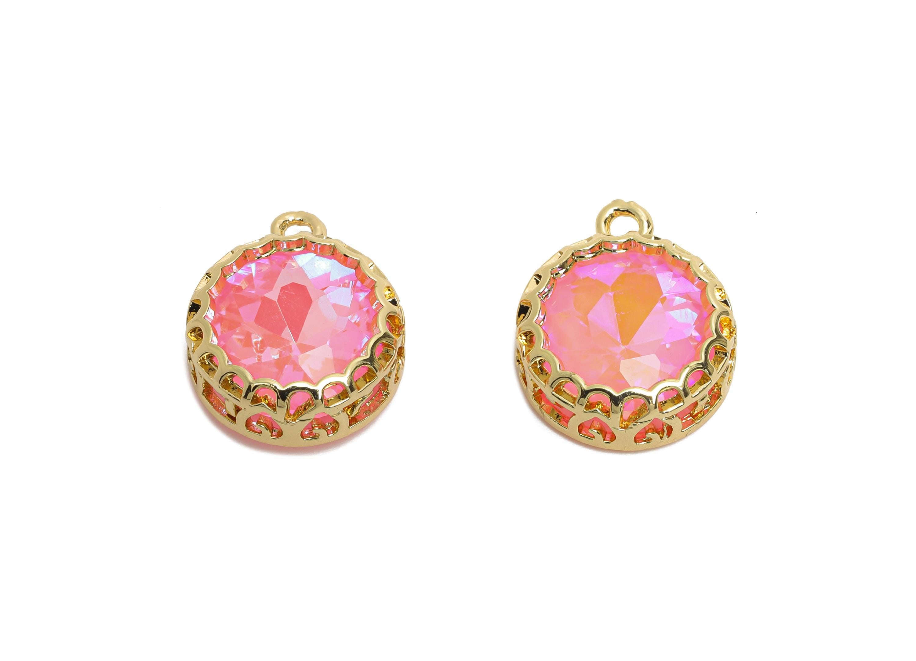 Round Glass Charm - Geometry Sparking Pink Pendant - Faceted Chic and Modern Crystal Charm - KC Gold Tone Plated - 17x14.2x5mm- GS1197 - DOMEDBAZAAR
