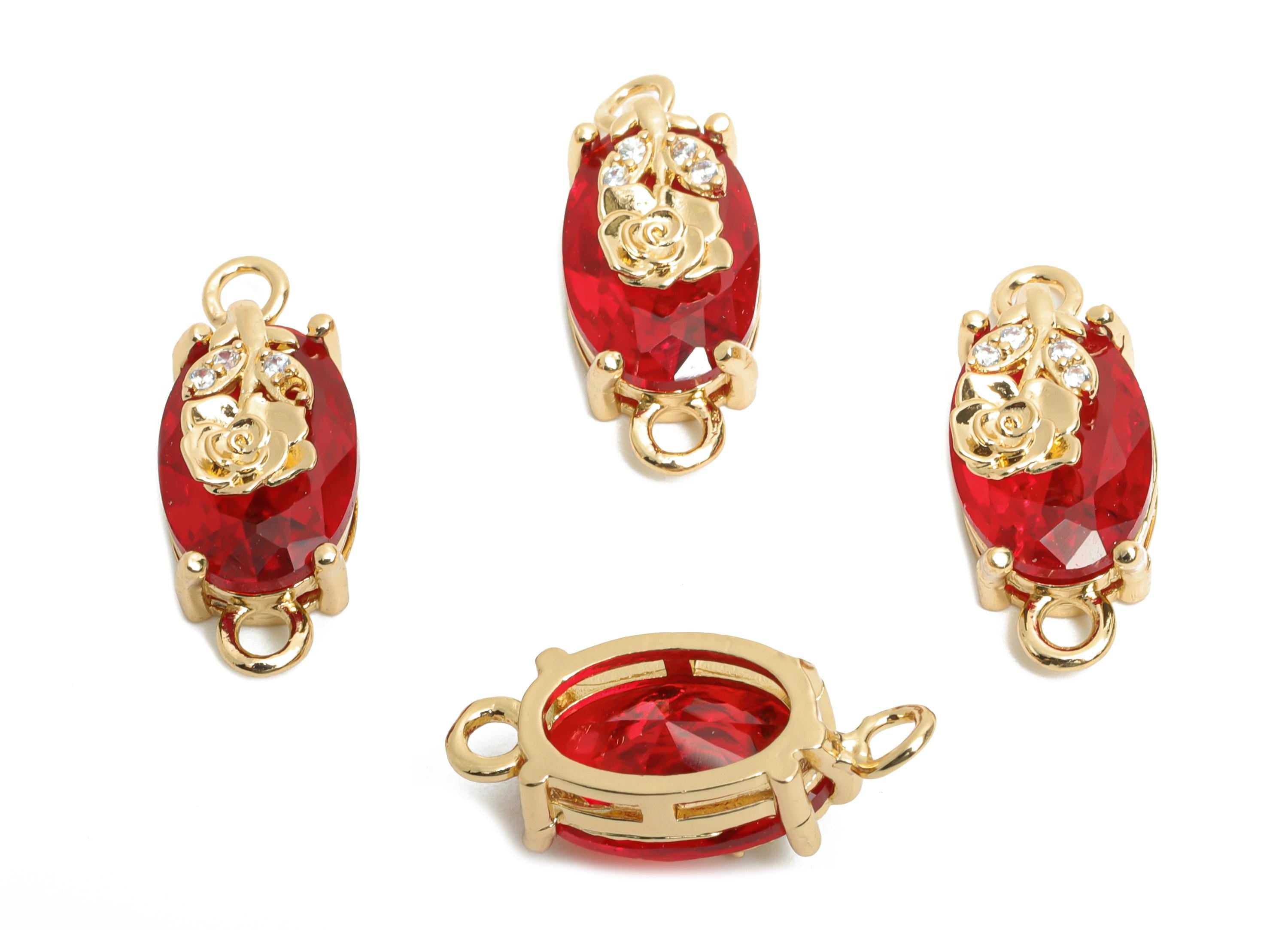 Red Crystal Rose Connector - Faceted Oval Glass with Rose Connector - Brass Romantic Jewelry  - KC Gold Tone Plated - 19x8x6.52mm- GS1296 - DOMEDBAZAAR
