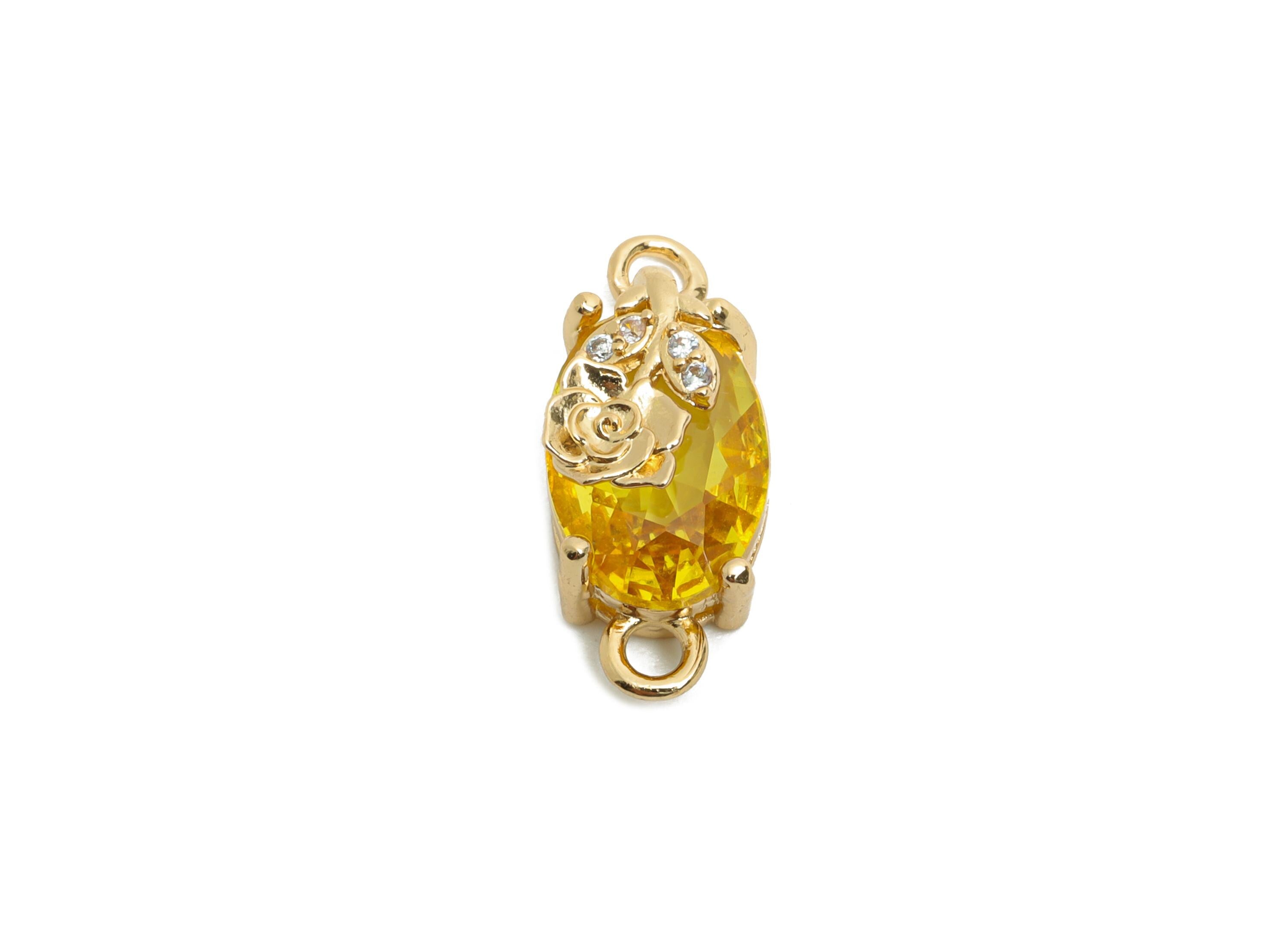 Yellow Crystal Rose Connector - Faceted Oval Glass with Rose Connector - Brass Romantic Jewelry  - KC Gold Tone Plated - 19x8x6.52mm- GS1299 - DOMEDBAZAAR