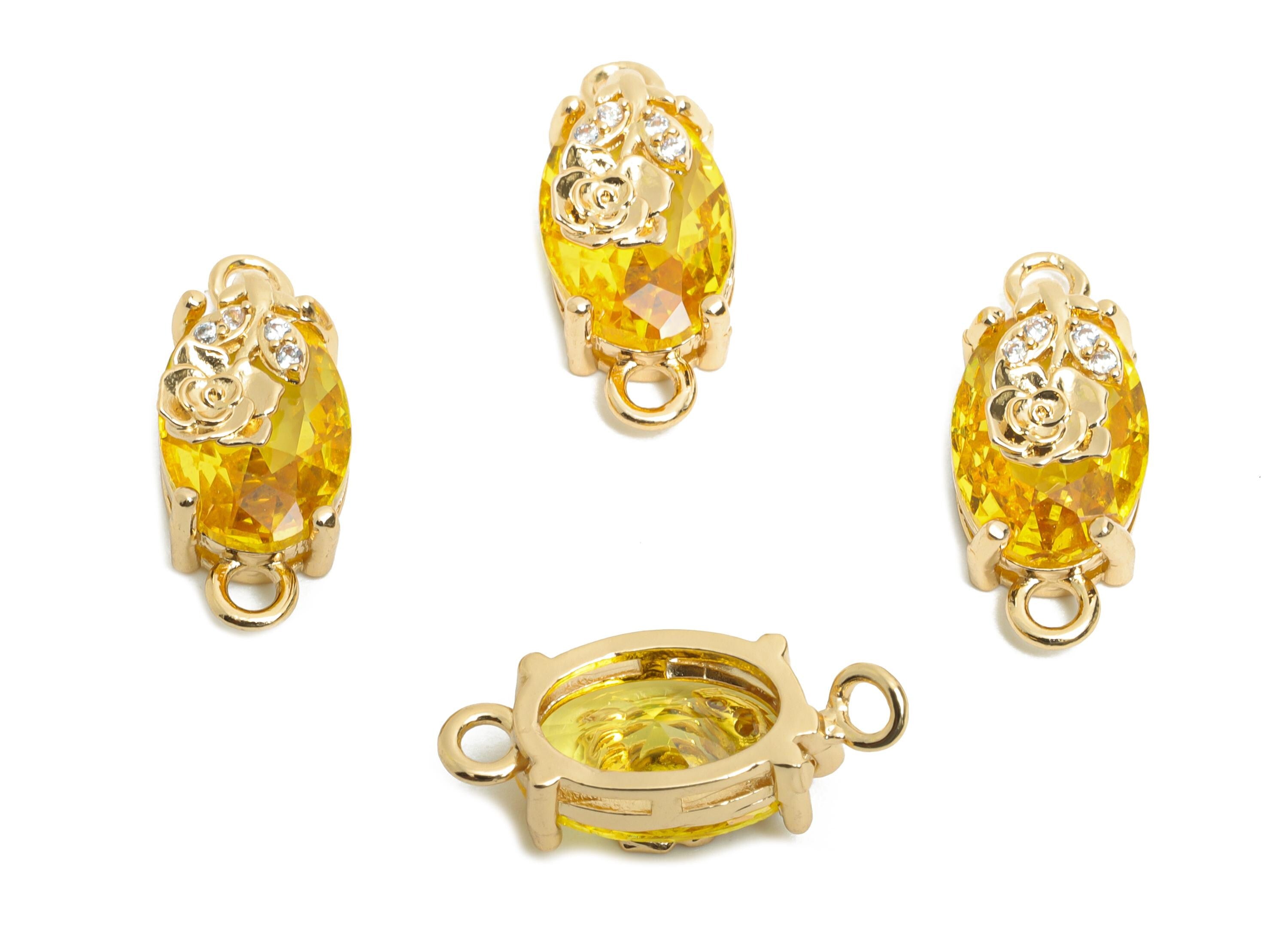 Yellow Crystal Rose Connector - Faceted Oval Glass with Rose Connector - Brass Romantic Jewelry  - KC Gold Tone Plated - 19x8x6.52mm- GS1299 - DOMEDBAZAAR