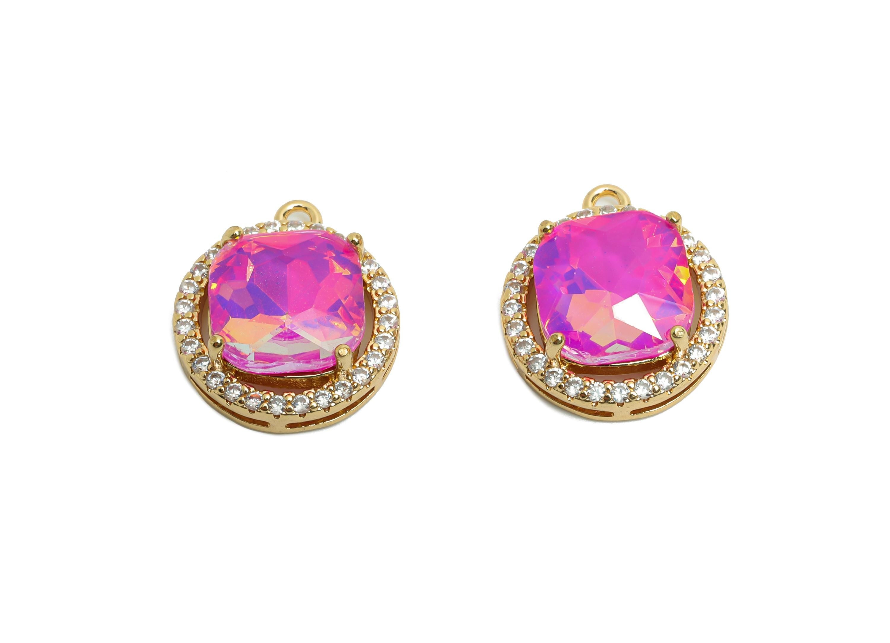 Dainty Crystal Pink Charm - Luxury Crystal Necklace Charm - Sparkling Rhinestone Border Pendant - KC Gold Tone Plated - 17x15x6mm- GS1190 - DOMEDBAZAAR