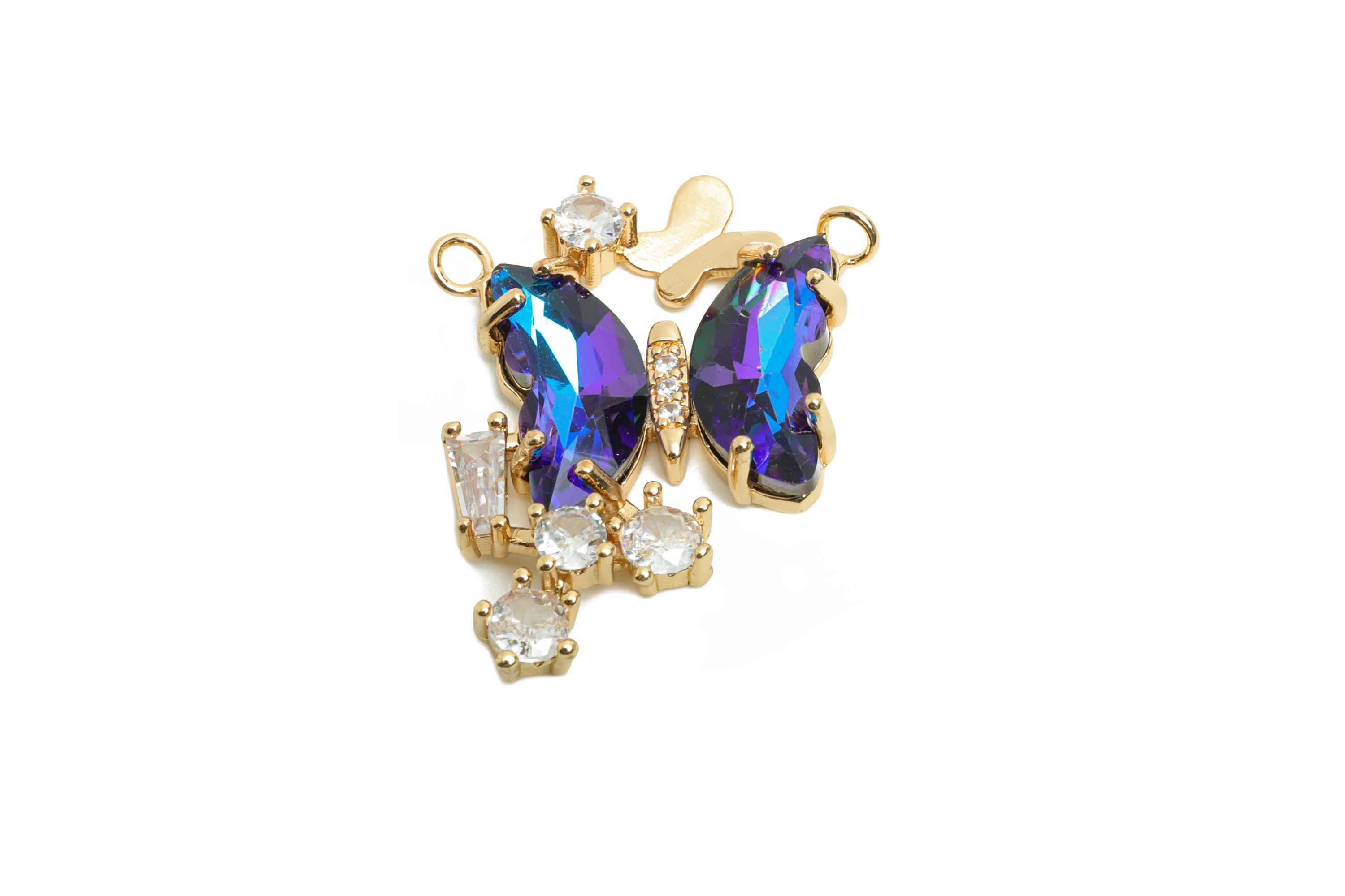 Brass Butterfly Crystal Pendant - Rhinestone Pendant For Necklace - Deep Blue Butterfly Jewelry - KC Gold Tone Plated - 27x22x4mm - GS1177 - DOMEDBAZAAR