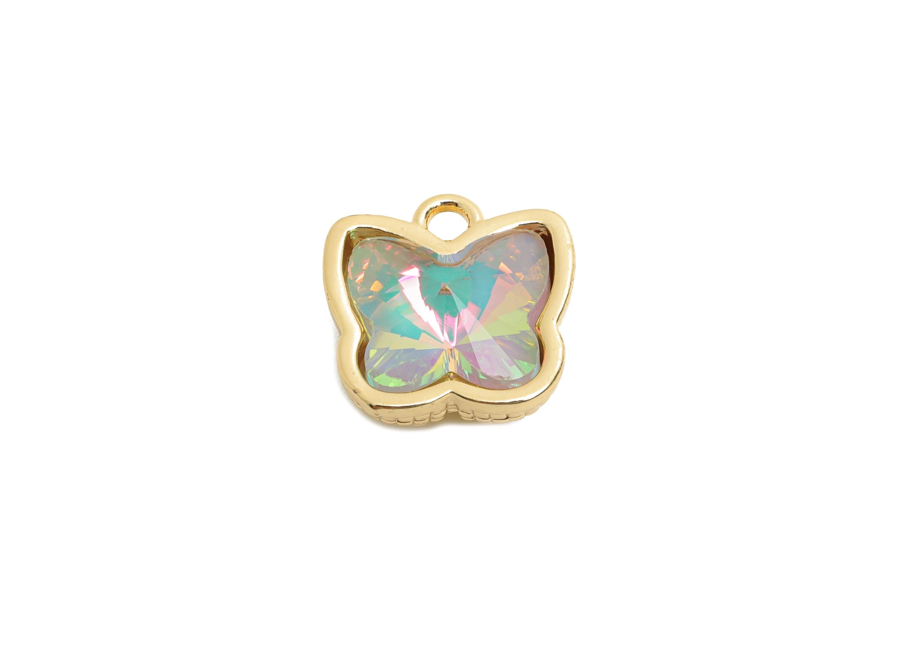 Butterfly Crystal Bracelet Charm - Textured Brass Crystal Dual-Sided Necklace Pendant - Unique Jewelry - KC Gold Plated - 13x12x7mm - GS1316 - DOMEDBAZAAR