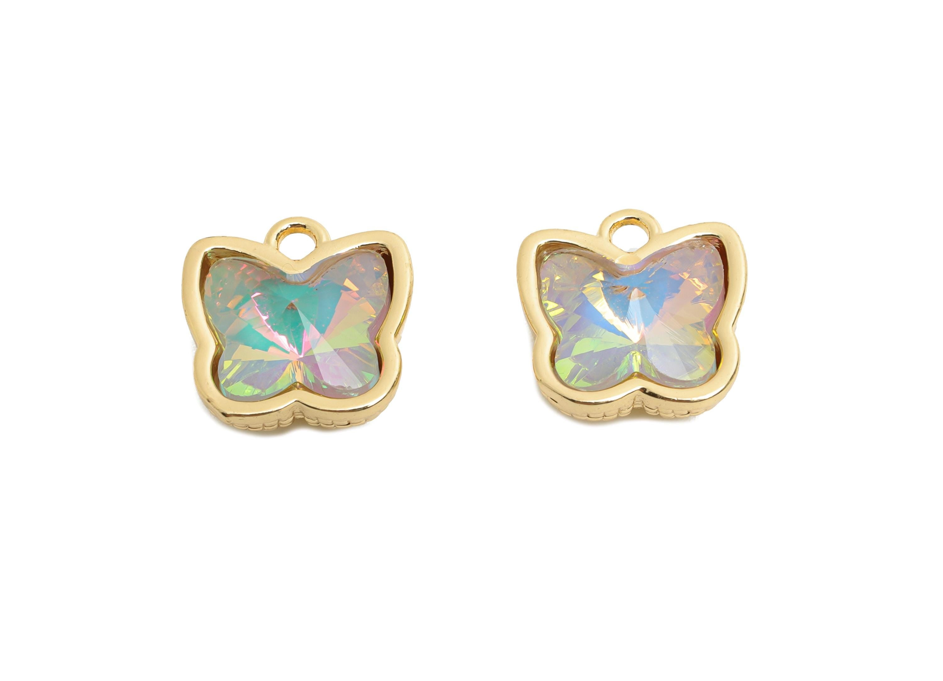 Butterfly Crystal Bracelet Charm - Textured Brass Crystal Dual-Sided Necklace Pendant - Unique Jewelry - KC Gold Plated - 13x12x7mm - GS1316 - DOMEDBAZAAR