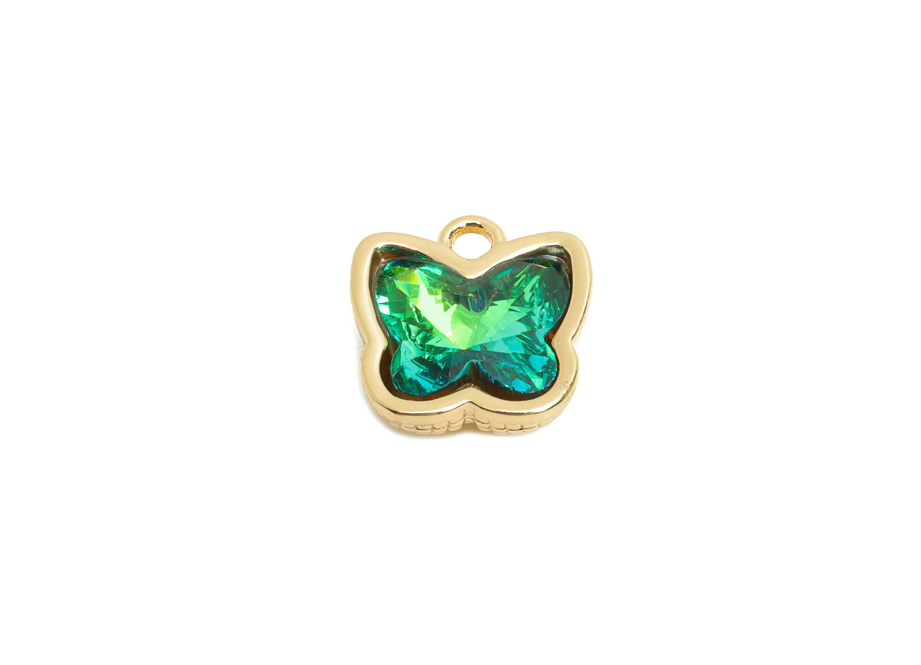 Butterfly Crystal Bracelet Charms - Brass Green Crystal Dual-Sided Necklace Pendant - Elegant Jewelry - KC Gold Plated - 13x12x7mm - GS1318 - DOMEDBAZAAR