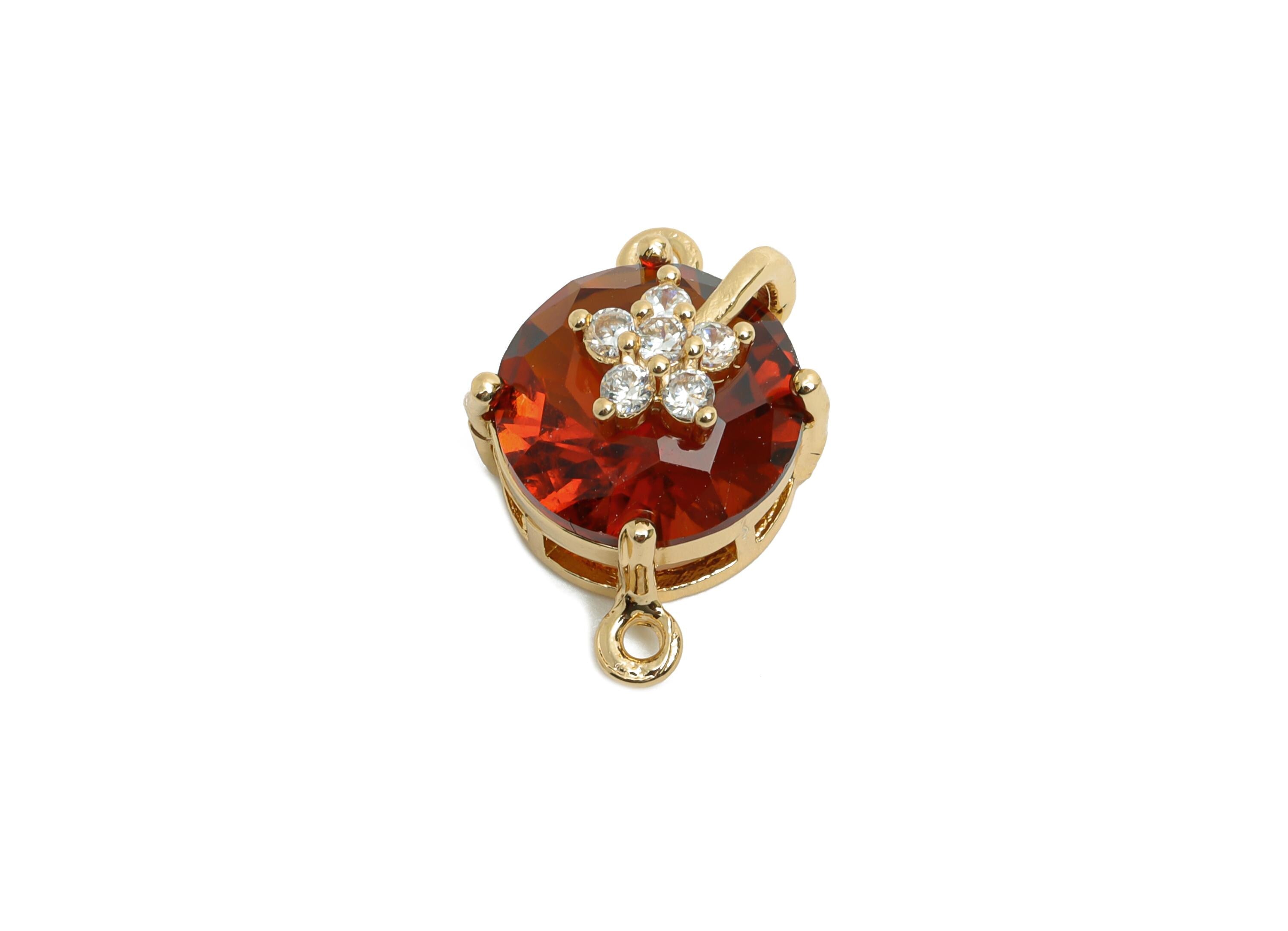 Round Garnet Crystal Connector - Brass Sparking Charm For Necklace - Faceted Stone with Flower  - KC Gold Tone Plated - 20x13x12mm - GS1288 - DOMEDBAZAAR