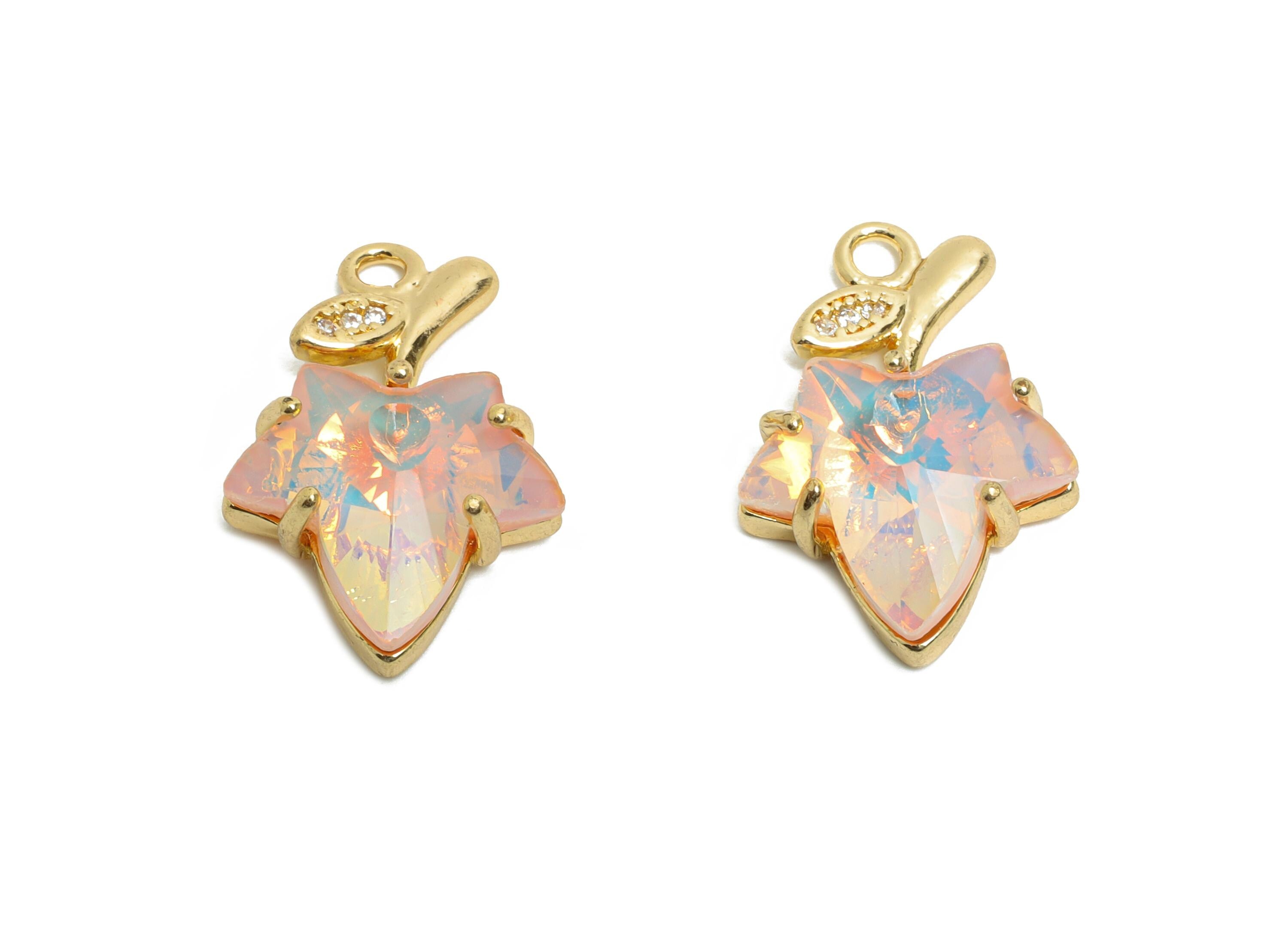 Maple Leaf Crystal Charm - Pink Crystal Zircon Leaf Necklace Pendant - Sparkling Jewelry - KC Gold Tone Plated - 19.42x13.14x5.57mm - GS1180 - DOMEDBAZAAR