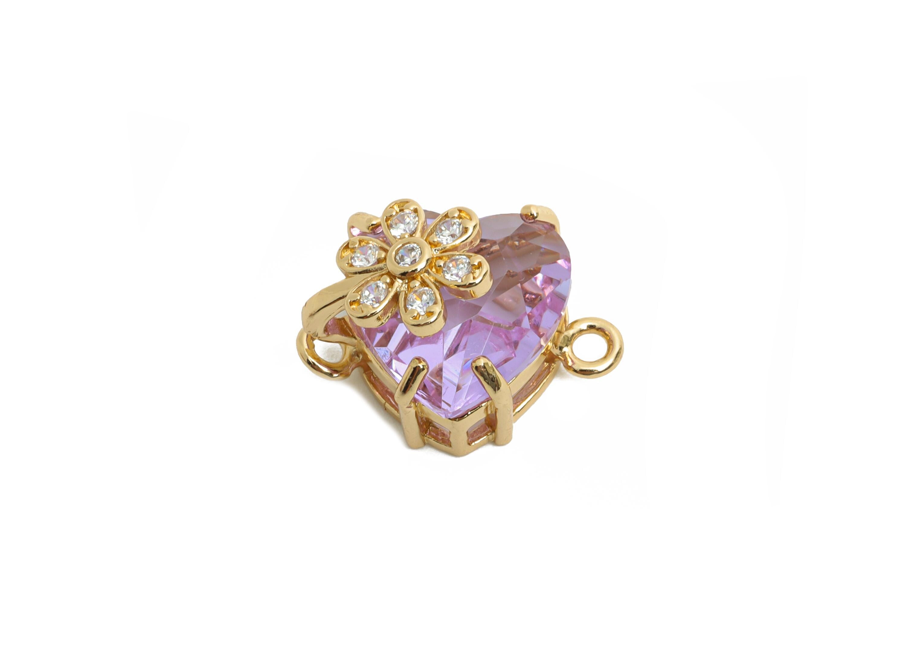 Brass Heart Crystal Connector - Brass Sparking Charm For Necklace - Faceted Stone with Flower  - KC Gold Tone Plated - 17x11x10mm - GS1220 - DOMEDBAZAAR