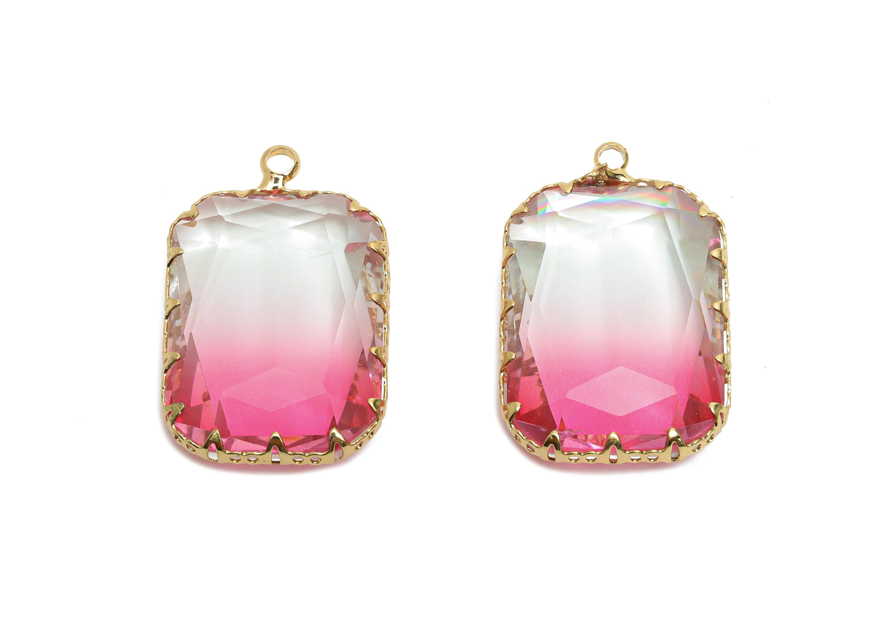 Pink Crystal Pendant - Brass Faceted Gradient Stone Pendant - Translucent Gradient Glass  - KC Gold Tone Plated - 30.8x18.74x7mm - GS1212 - DOMEDBAZAAR