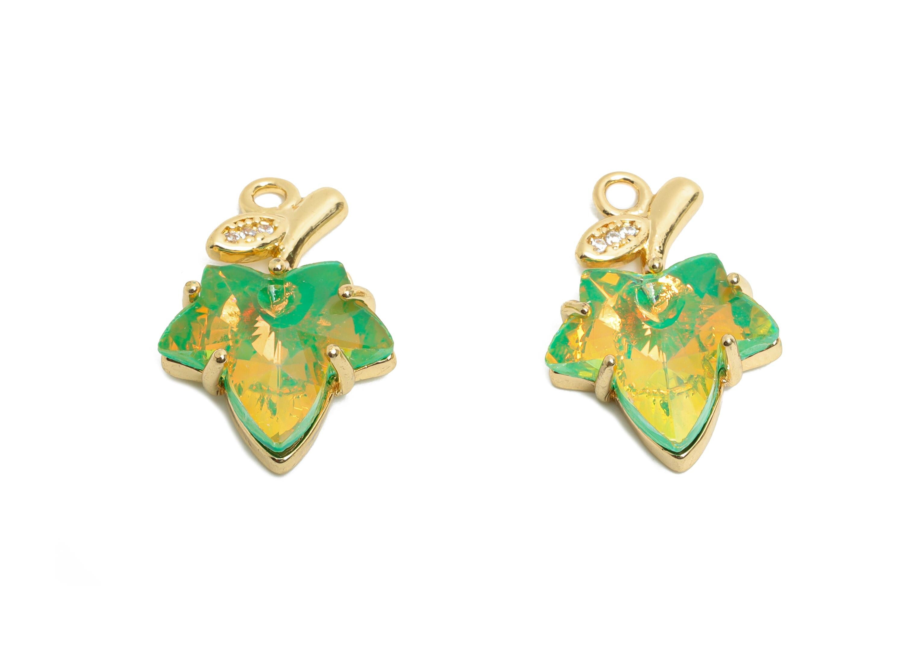 Maple Leaf Crystal Charm - Green Crystal Zircon Leaf Necklace Pendant - Sparkling Jewelry - KC Gold Tone Plated - 19.4x13.14x5.57mm - GS1182 - DOMEDBAZAAR