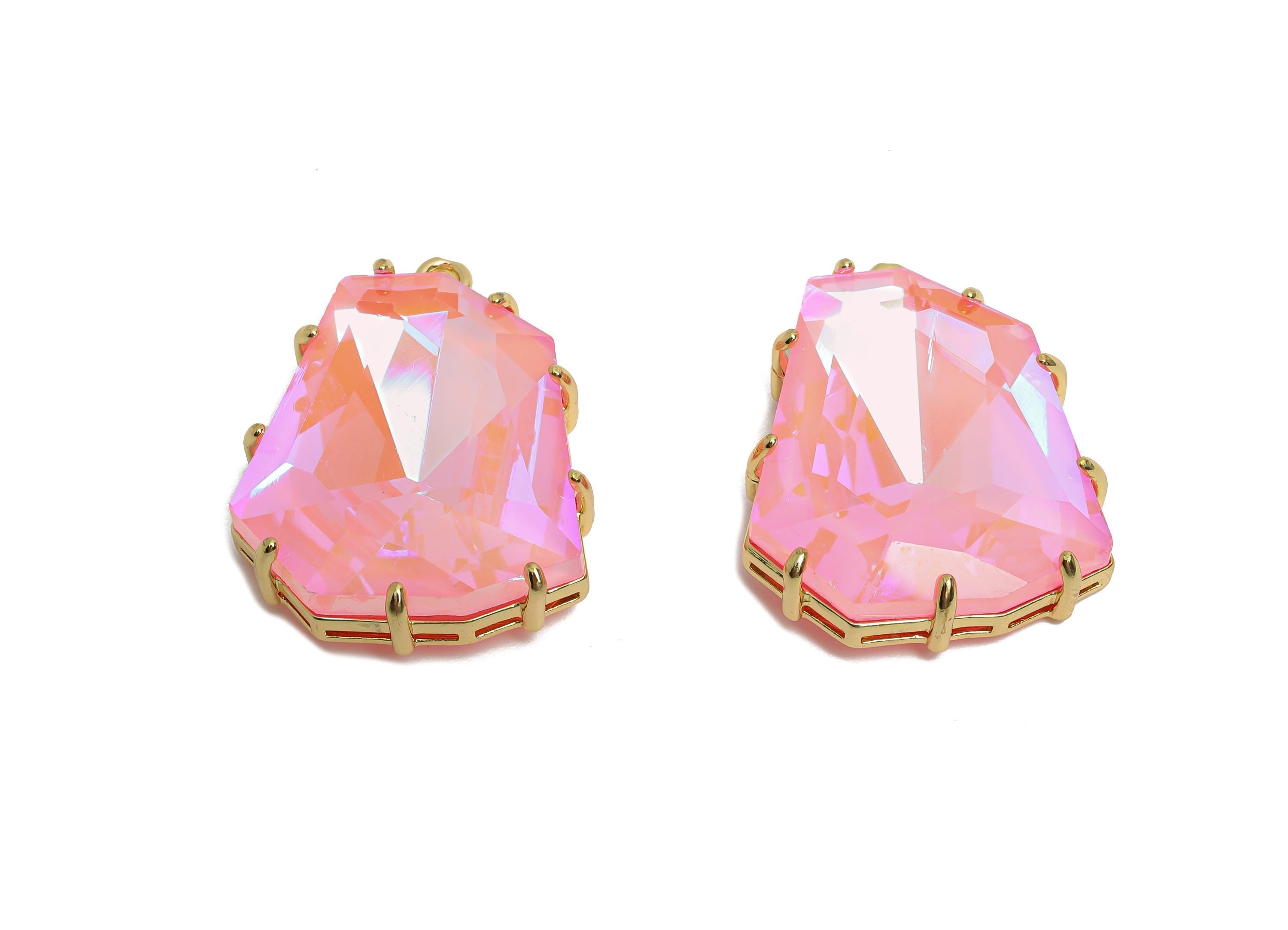Pink Crystal Pendant - Brass Faceted Gradient Stone Pendant - Dainty Geometry Gradient Glass - KC Gold Tone Plated - 29x22x8mm - GS1202 - DOMEDBAZAAR
