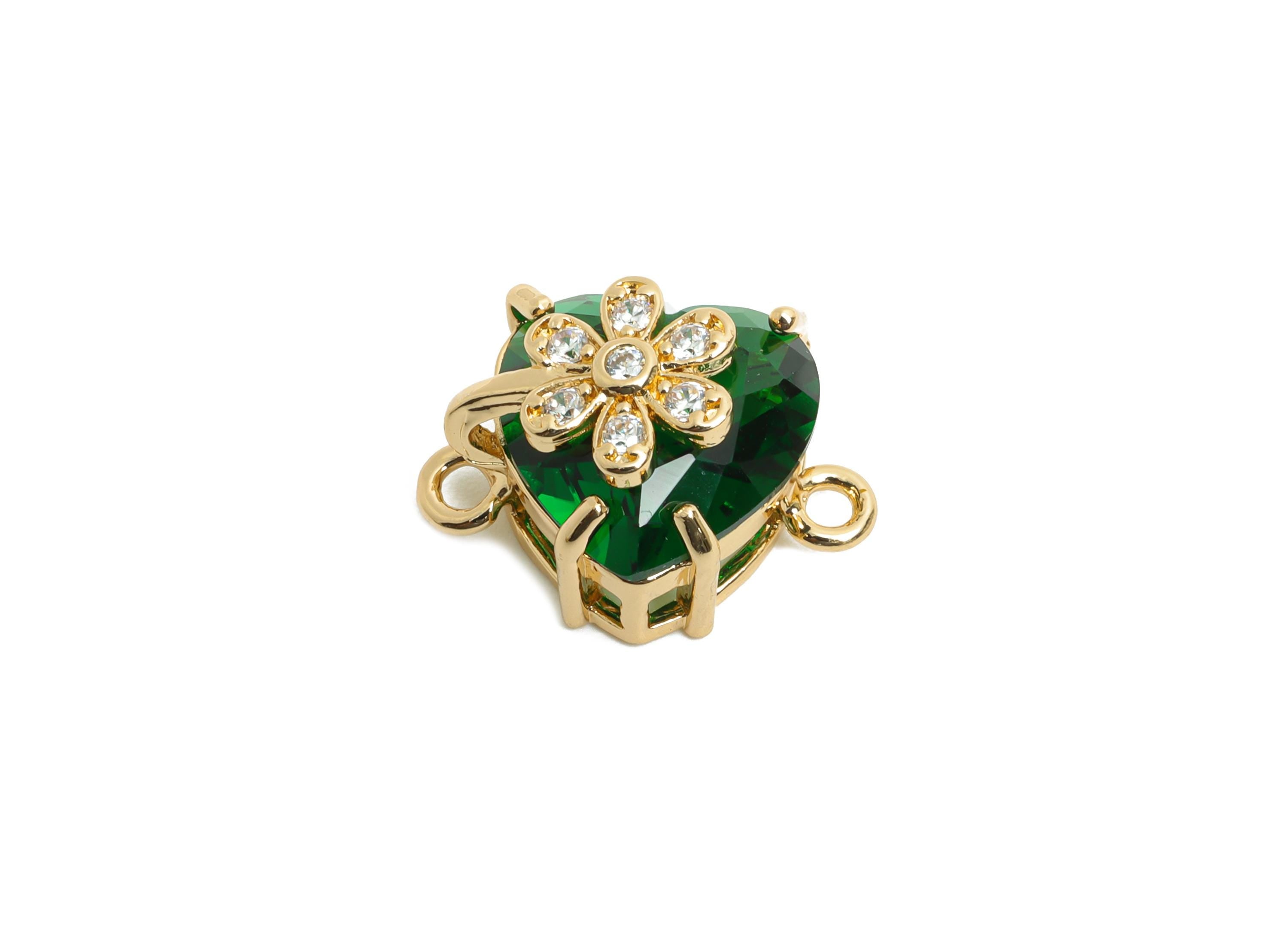Brass Heart Crystal Connector - Green Sparking Charm For Necklace - Faceted Stone with Flower  - KC Gold Tone Plated - 17x11x10mm - GS1222 - DOMEDBAZAAR