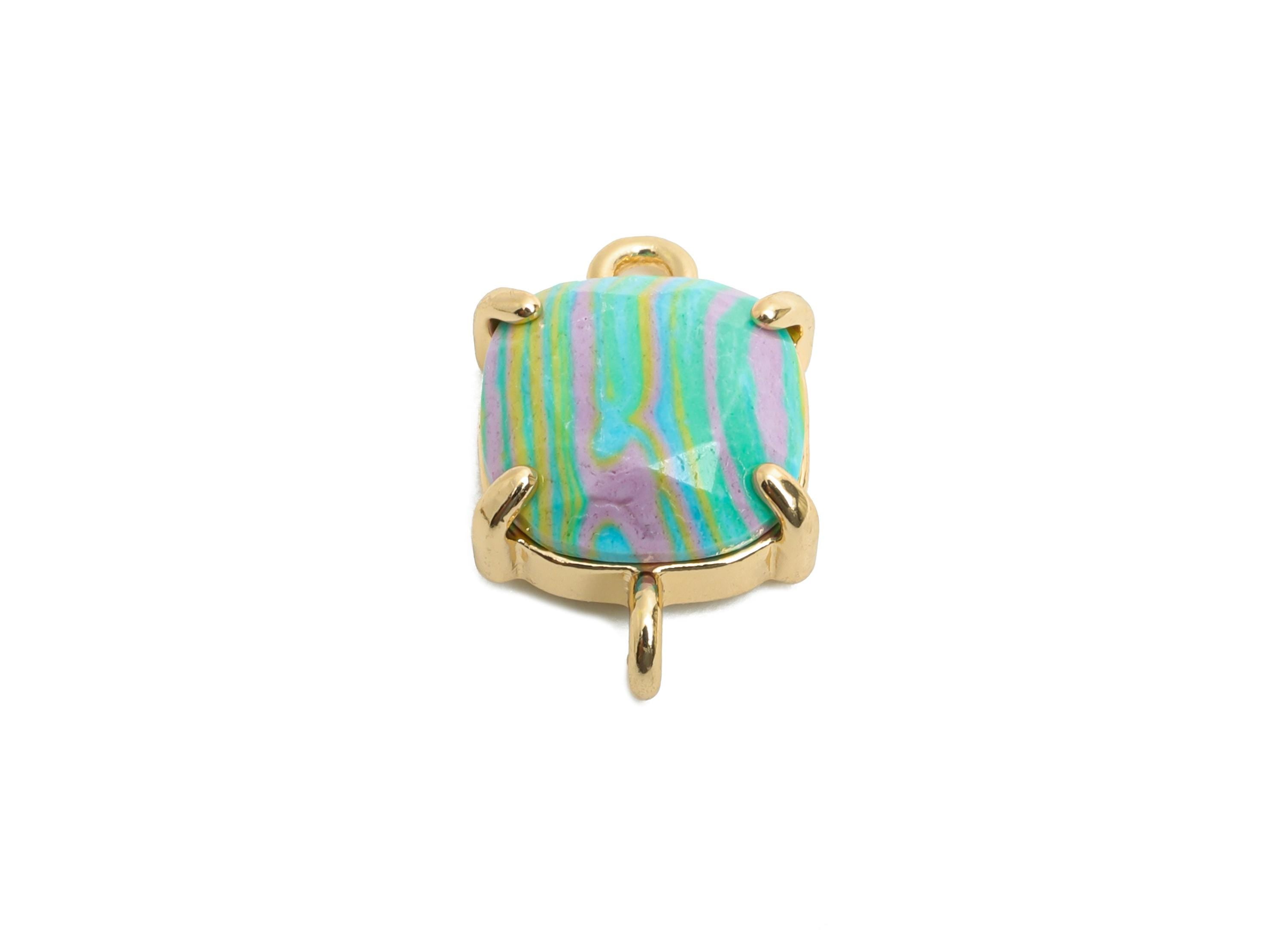 Square Glass Bracelet Connector - Brass Rainbow Faceted Crystal Charm - Modern Square Jewelry - KC Gold Tone Plated - 16x10x5.57mm - GS1239 - DOMEDBAZAAR