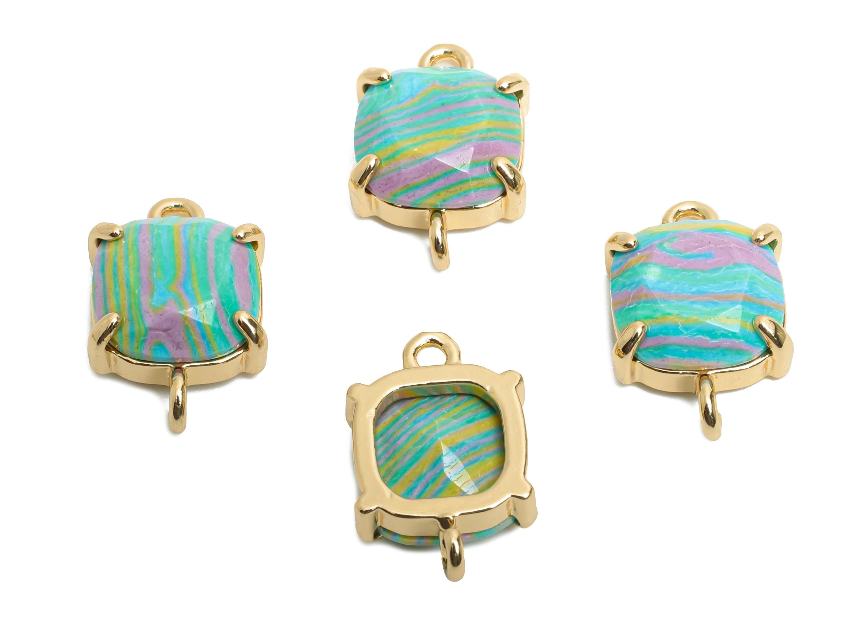 Square Glass Bracelet Connector - Brass Rainbow Faceted Crystal Charm - Modern Square Jewelry - KC Gold Tone Plated - 16x10x5.57mm - GS1239 - DOMEDBAZAAR
