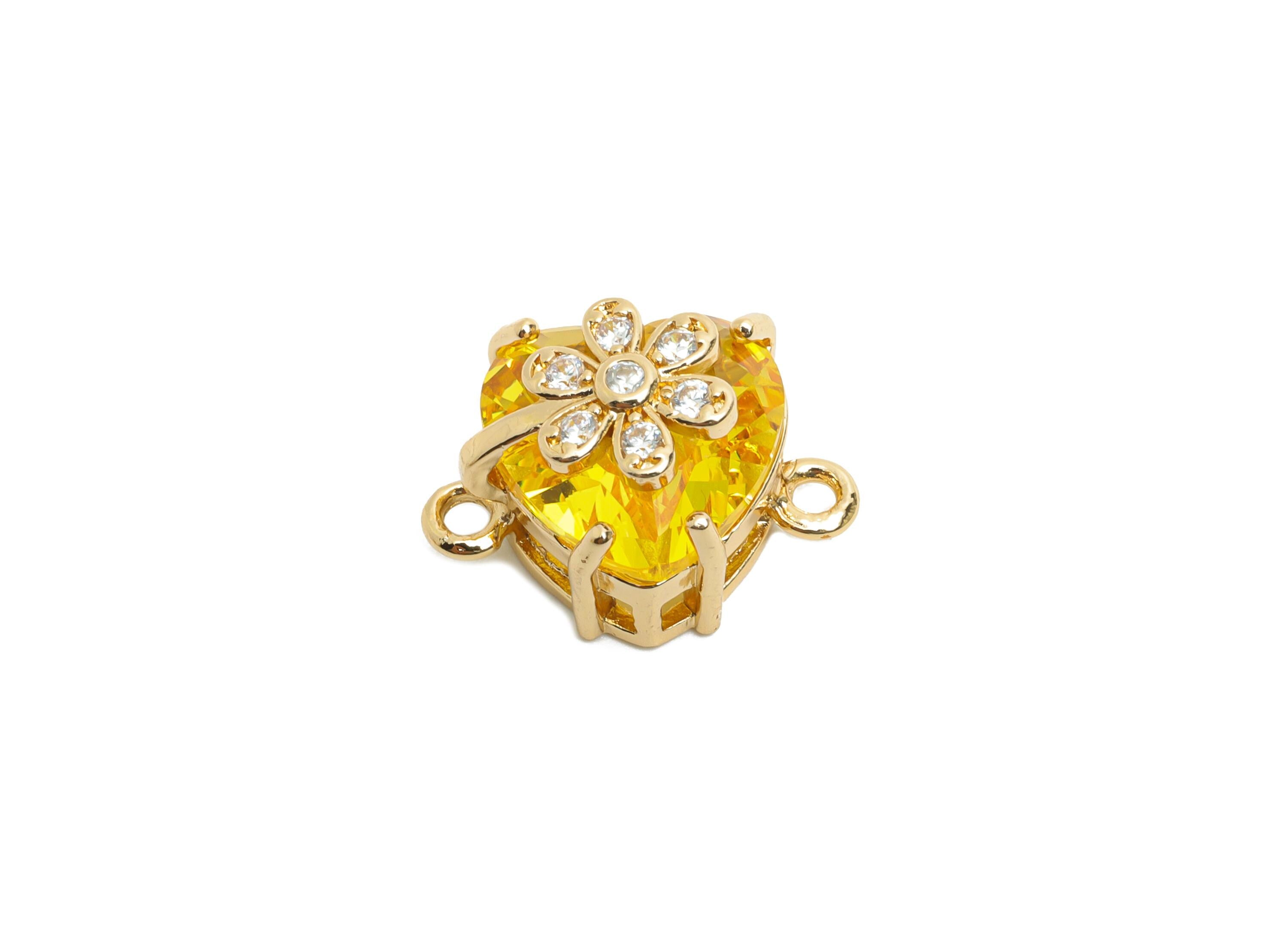 Brass Heart Crystal Connector - Yellow Sparking Charm For Necklace - Faceted Stone with Flower  - KC Gold Tone Plated - 17x11x10mm - GS1223 - DOMEDBAZAAR