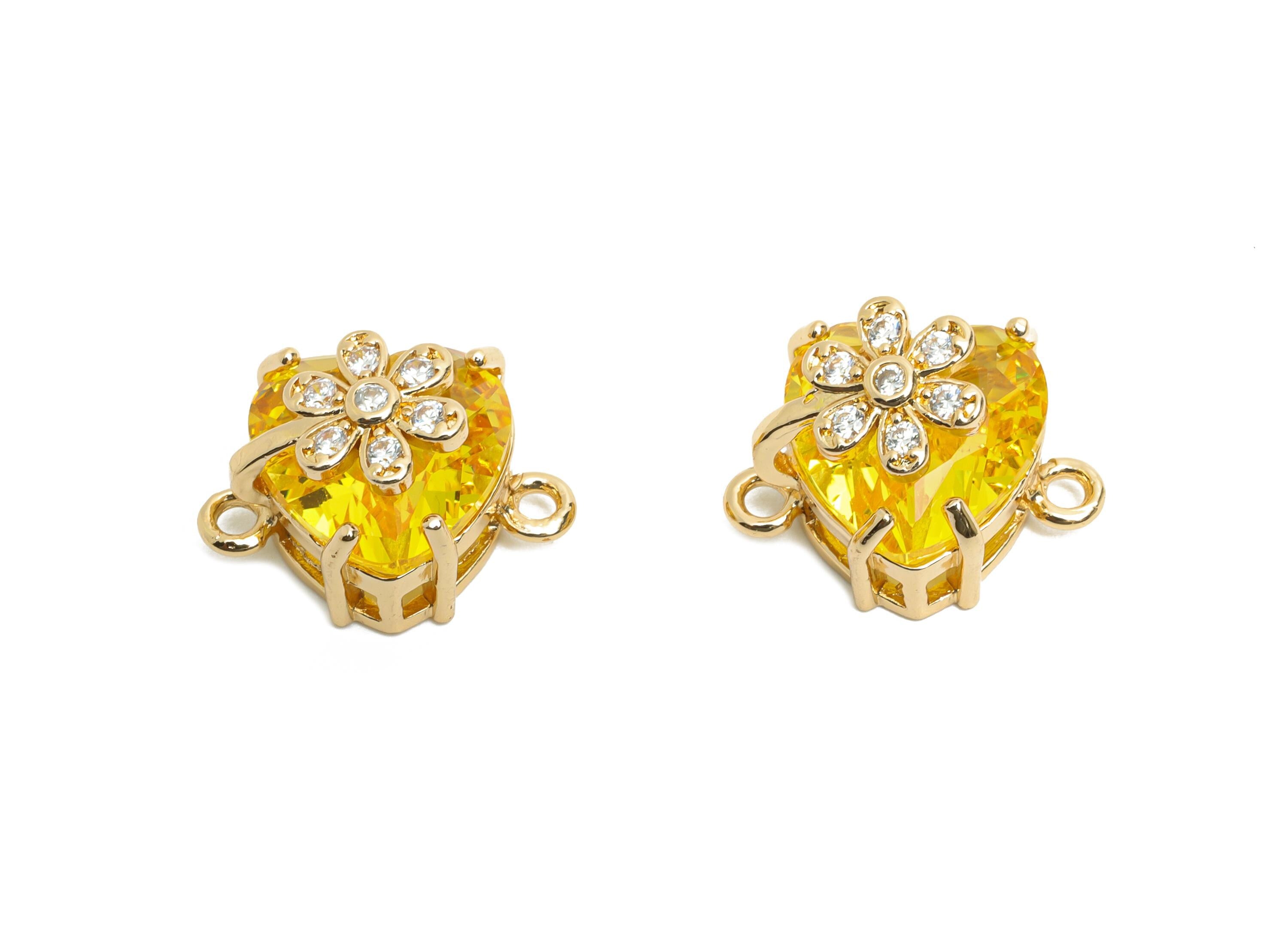 Brass Heart Crystal Connector - Yellow Sparking Charm For Necklace - Faceted Stone with Flower  - KC Gold Tone Plated - 17x11x10mm - GS1223 - DOMEDBAZAAR