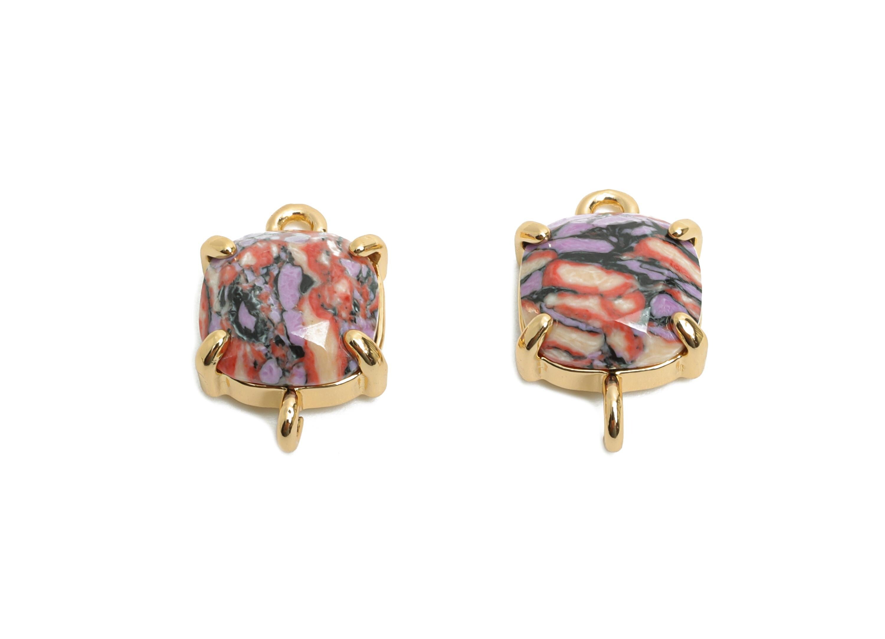 Square Glass Bracelet Connector - Brass Colorful Faceted Crystal Charm - Jewelry Component - KC Gold Tone Plated - 16.4x10x5.57mm - GS1241 - DOMEDBAZAAR