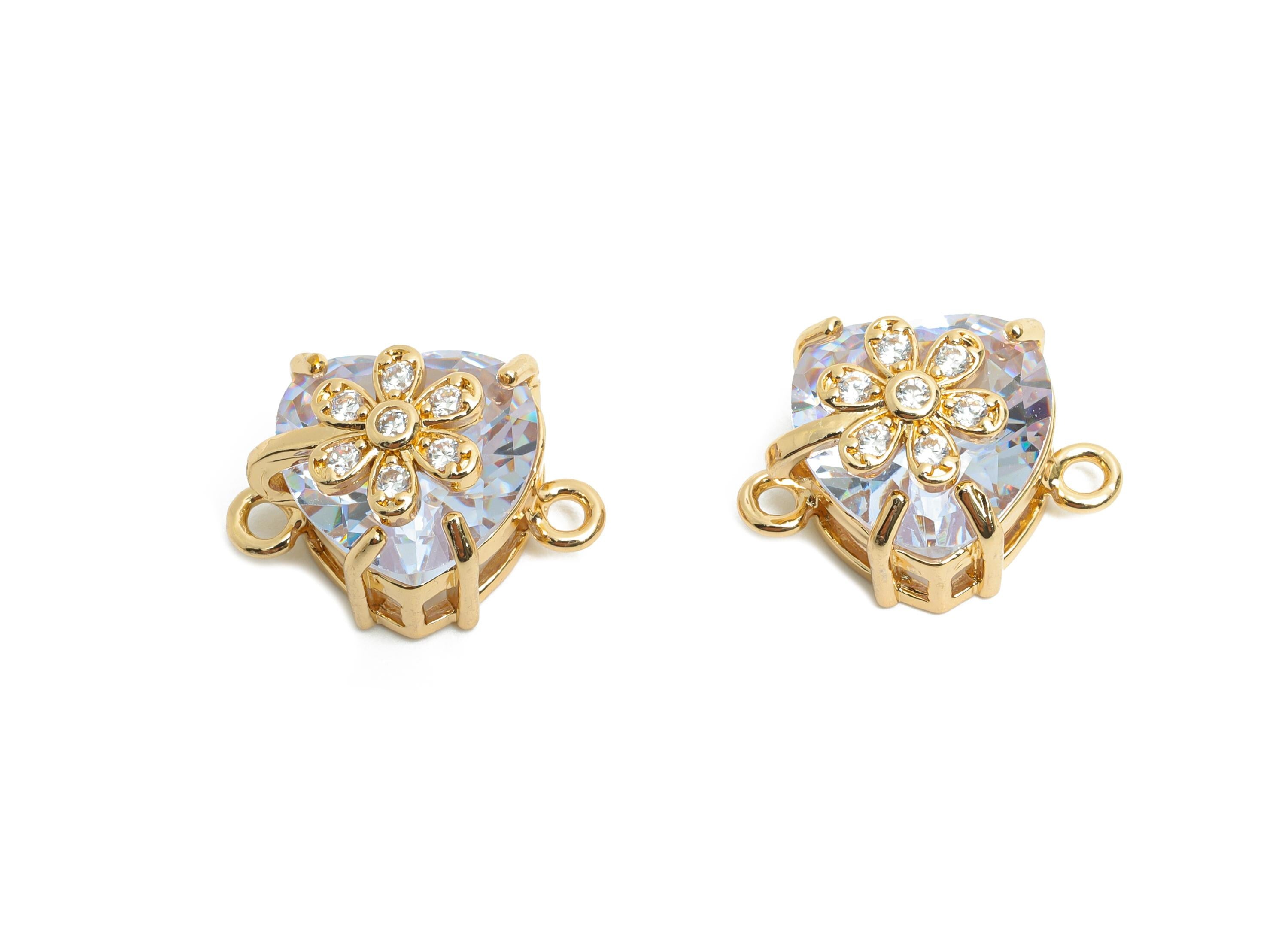 Brass Heart Crystal Connector - Dainty Sparking Charm For Necklace - Faceted Stone with Flower  - KC Gold Tone Plated - 17x11x10mm - GS1221 - DOMEDBAZAAR