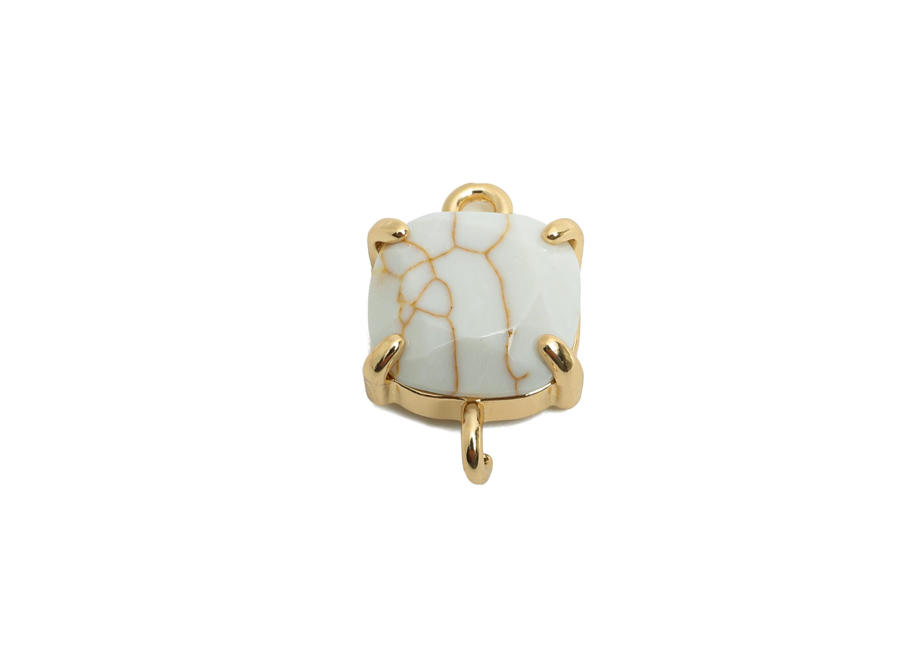 Square Glass Bracelet Connector - Brass White Faceted Crystal Charm - Chic Jewelry Component - KC Gold Tone Plated - 16x10x5.57mm - GS1245 - DOMEDBAZAAR